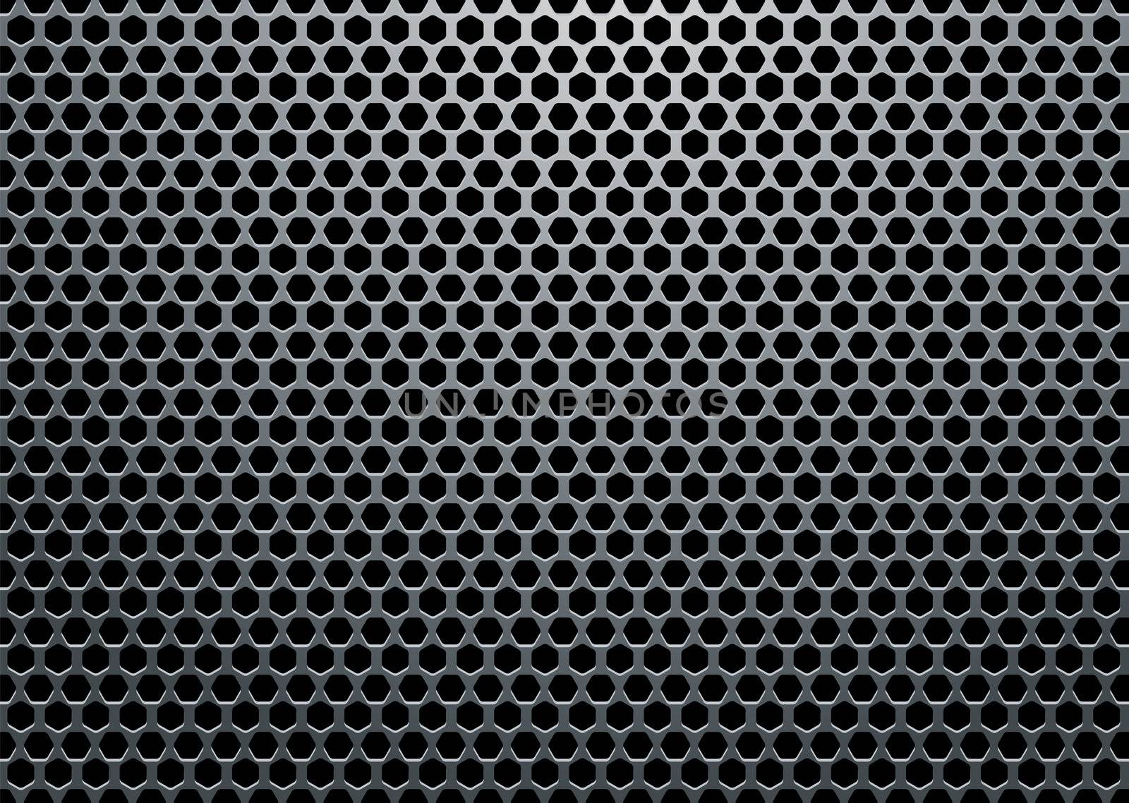 Silver metal background with hexagon holes and light reflection