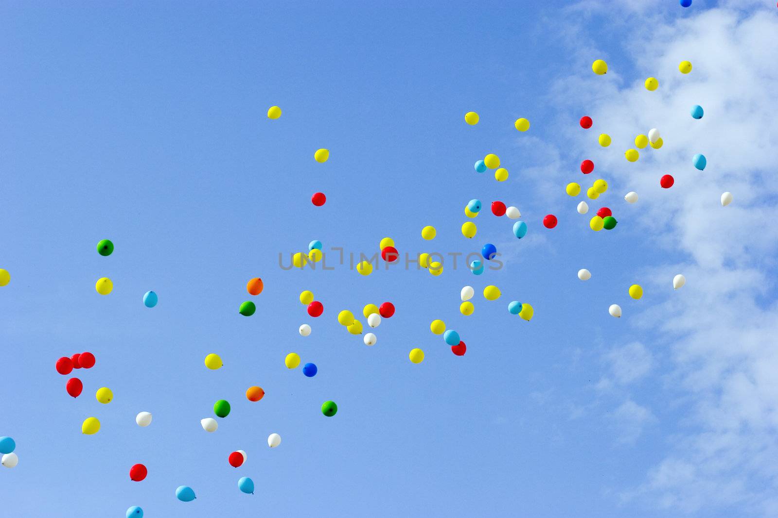 many multicolored balloons flying in blue sky