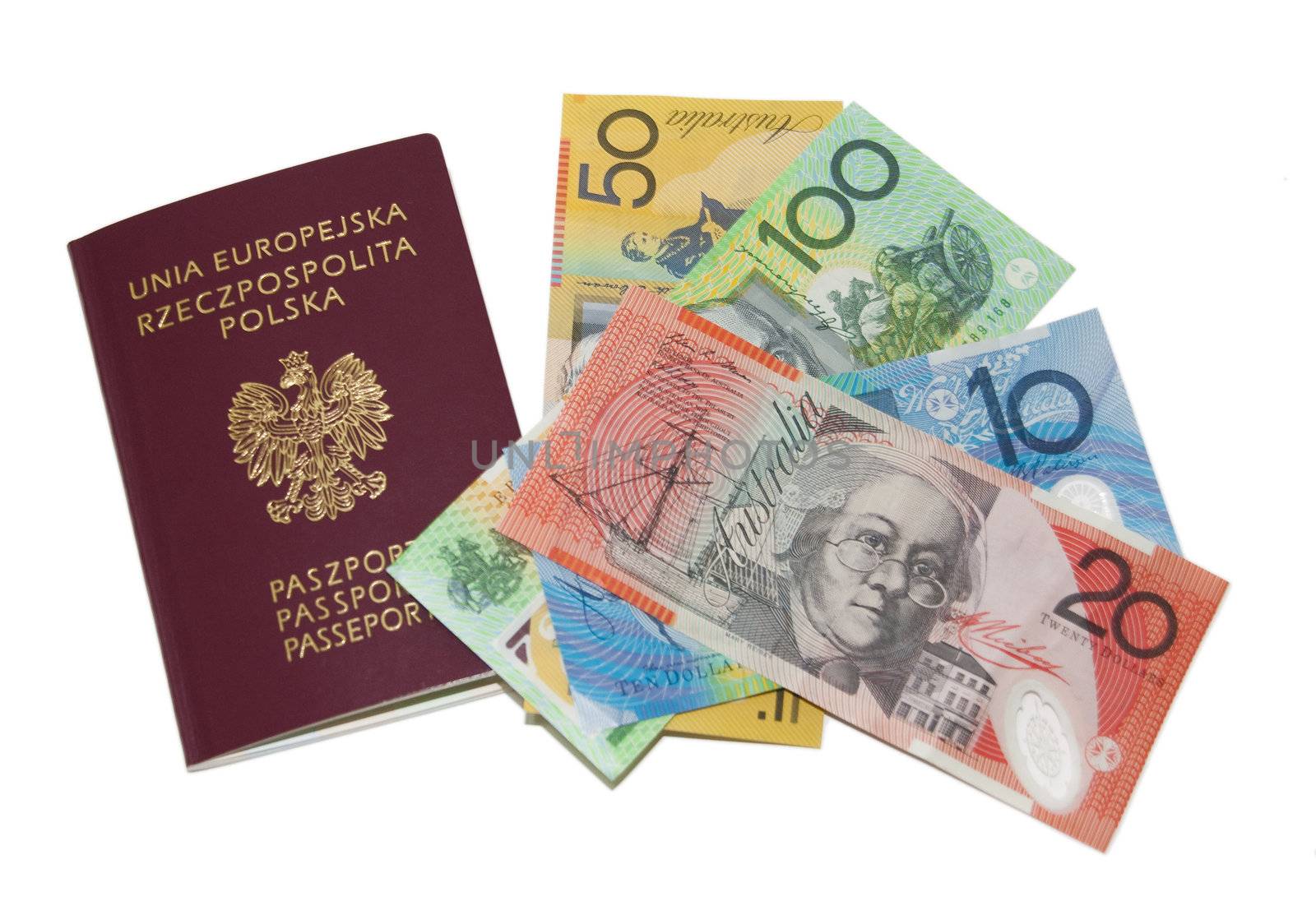 red passport, Australian money, isolated on white. by wojciechkozlowski