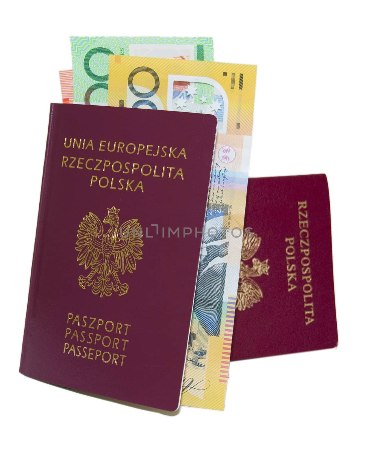 red passport, Australian money, isolated on white. by wojciechkozlowski
