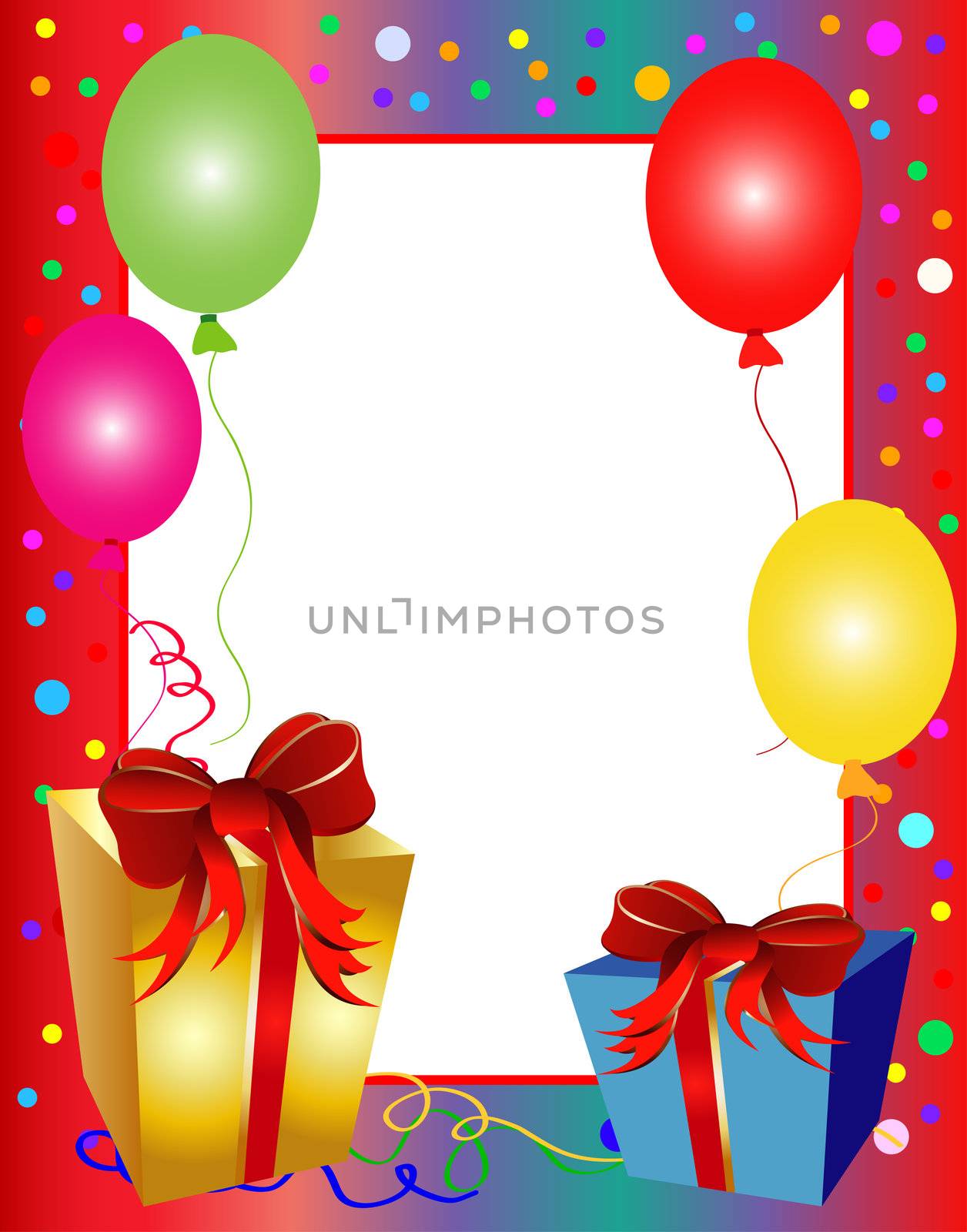 illustration of a colorful party background with balloons and presents