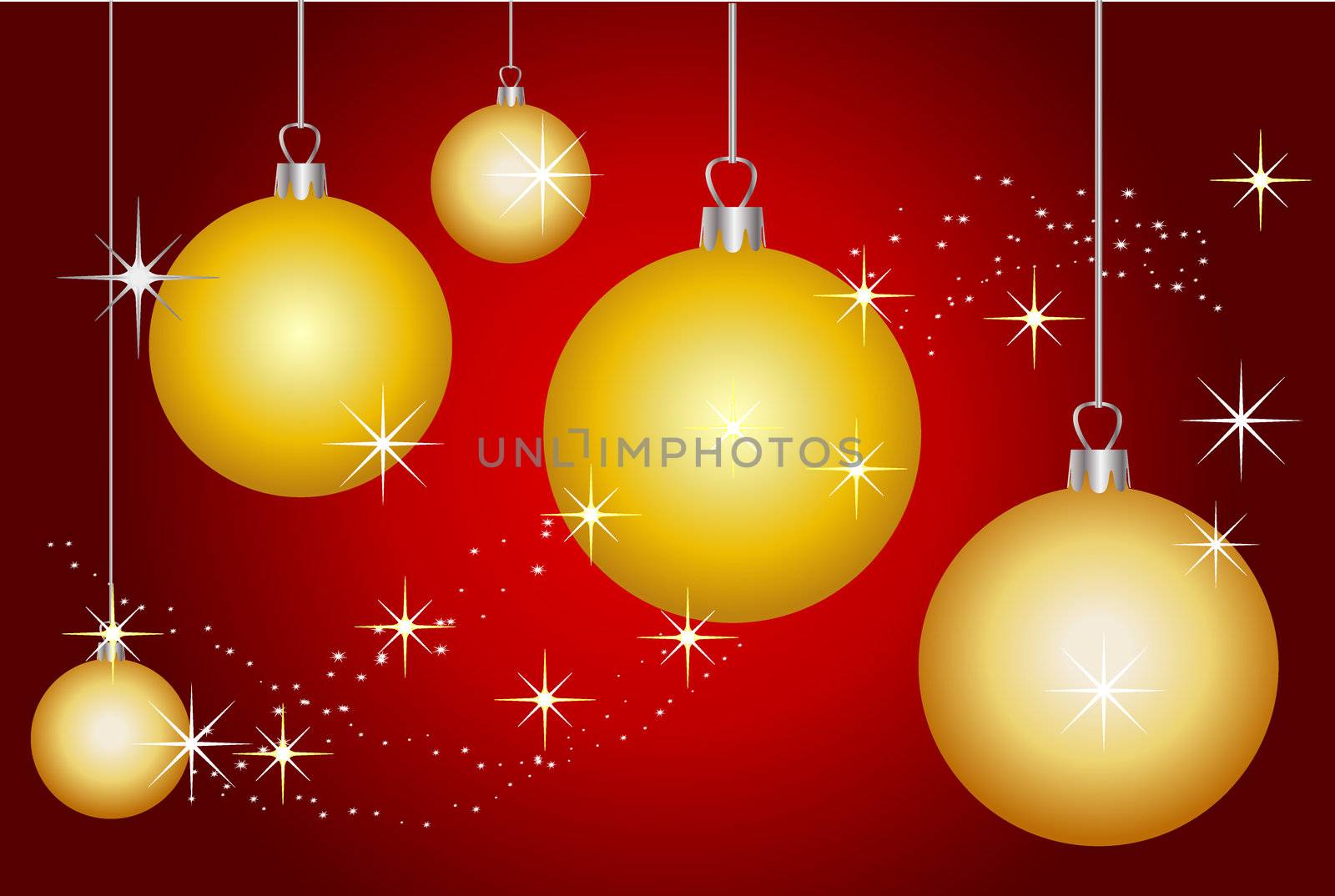 golden christmas balls on red by peromarketing