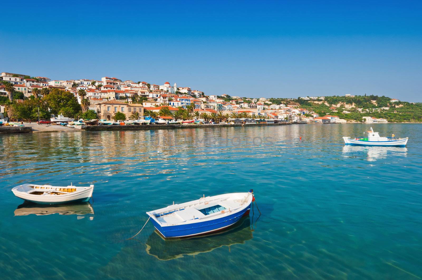 The fishing town of Koroni, in southern Greece, captured under a clear morning sky