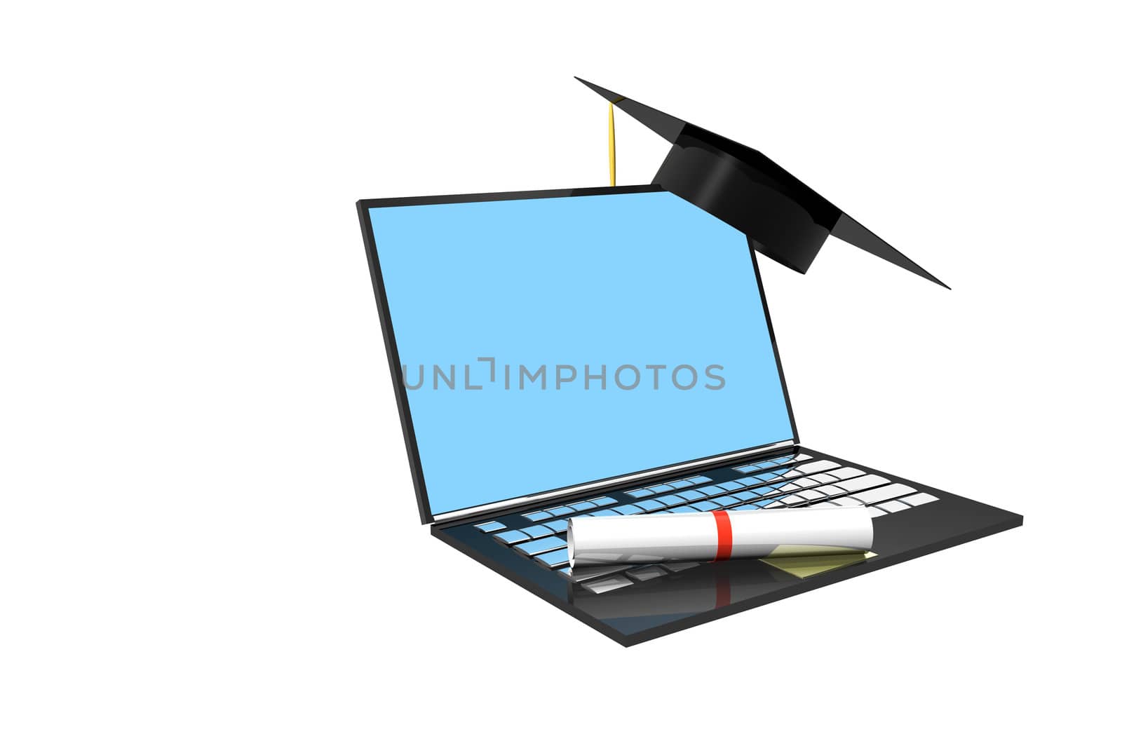 Diploma and graduation cap on laptop computer