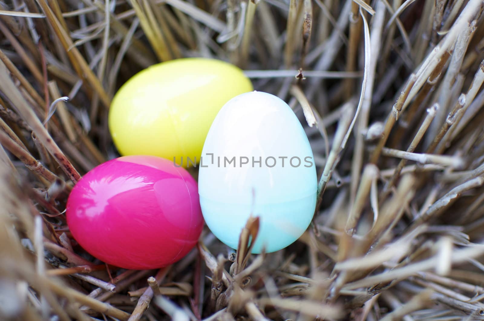 Plastic colorful easter eggs sit in a nest of twigs and sticks.