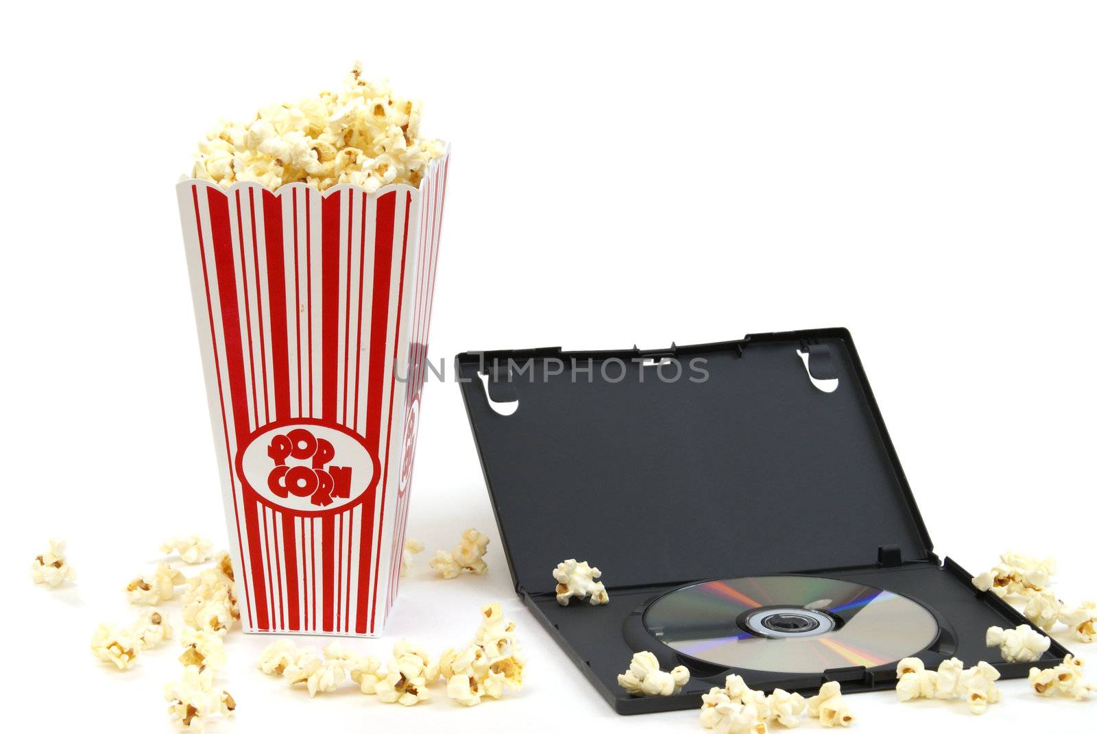A dvd movie with a bucket of popcorn, isolated on white background.