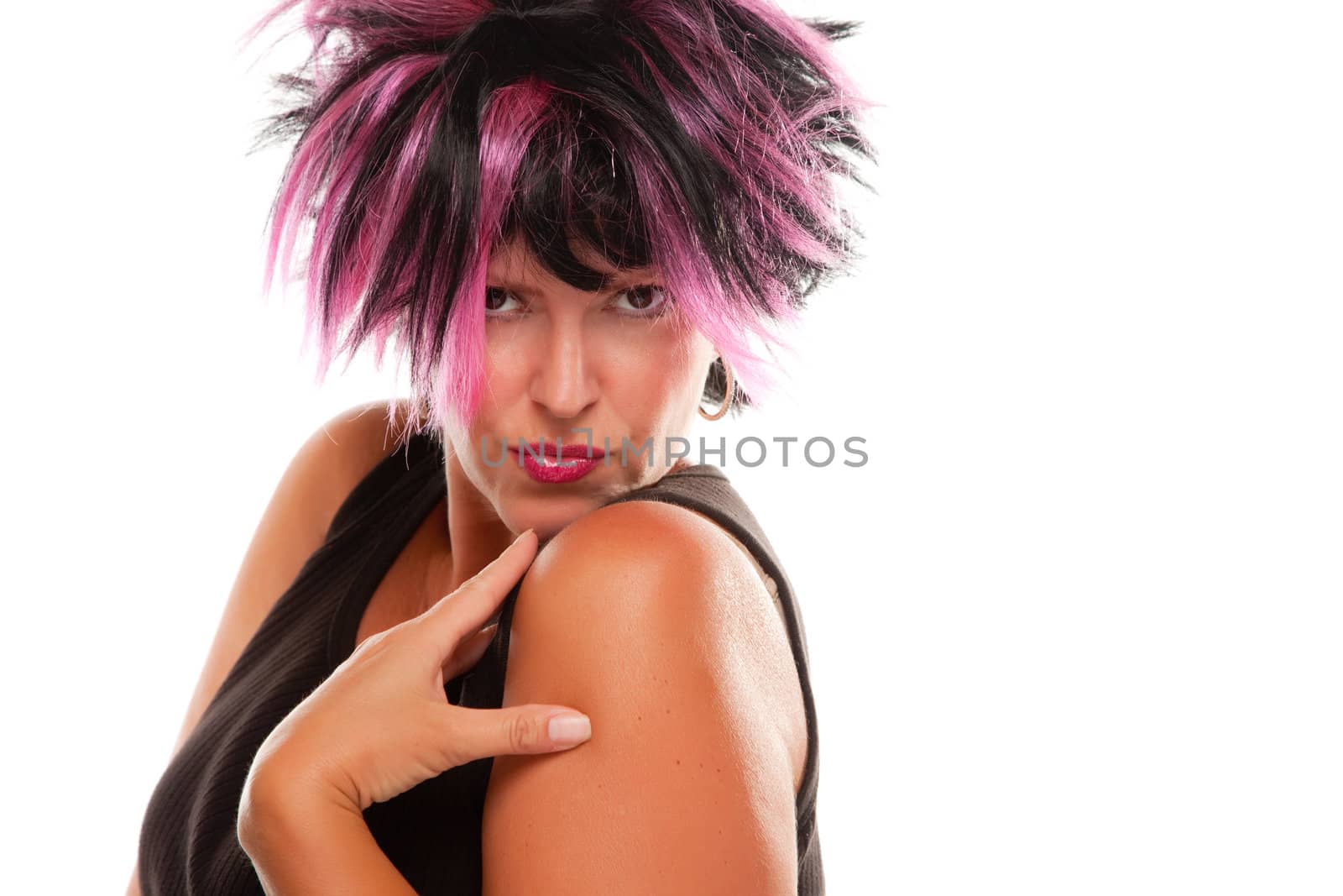 Pink And Black Haired Girl Portrait Isolated on a White Background.