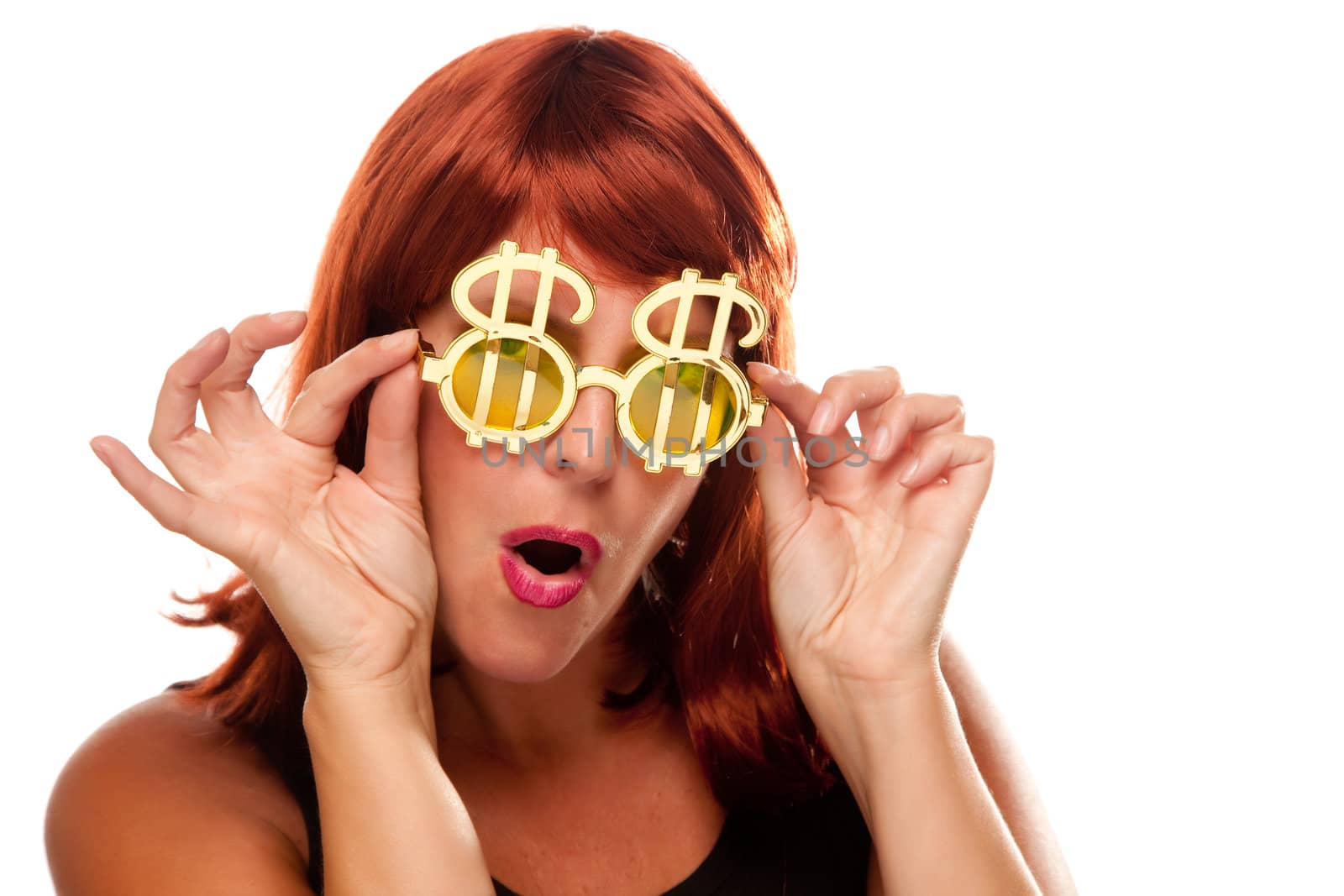 Red Haired Girl with Bling-Bling Dollar Glasses by Feverpitched