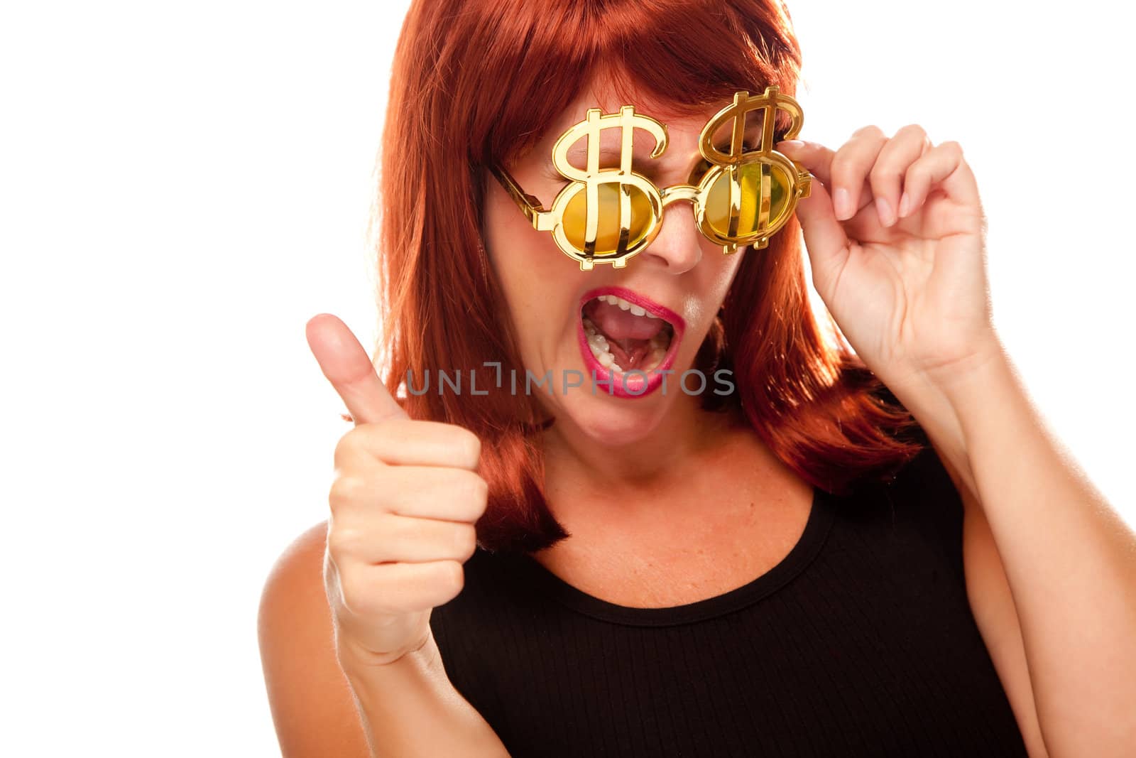 Red Haired Girl with Bling-Bling Dollar Glasses Isolated on a White Background.