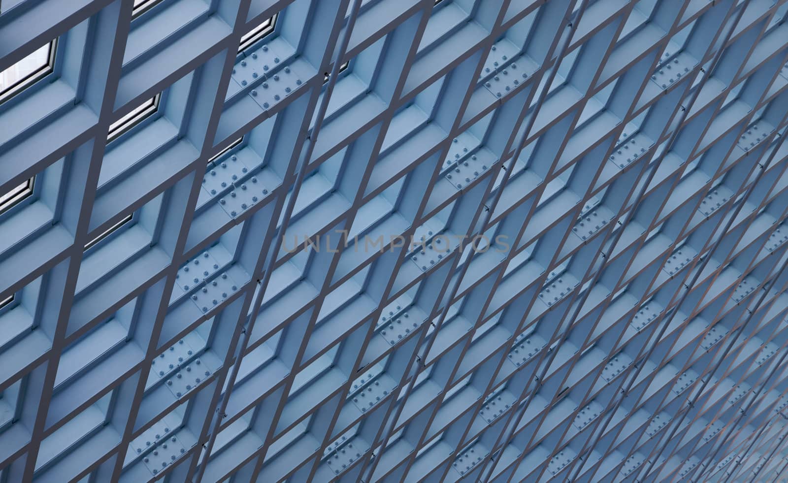 Blue ceiling skylights in modern building