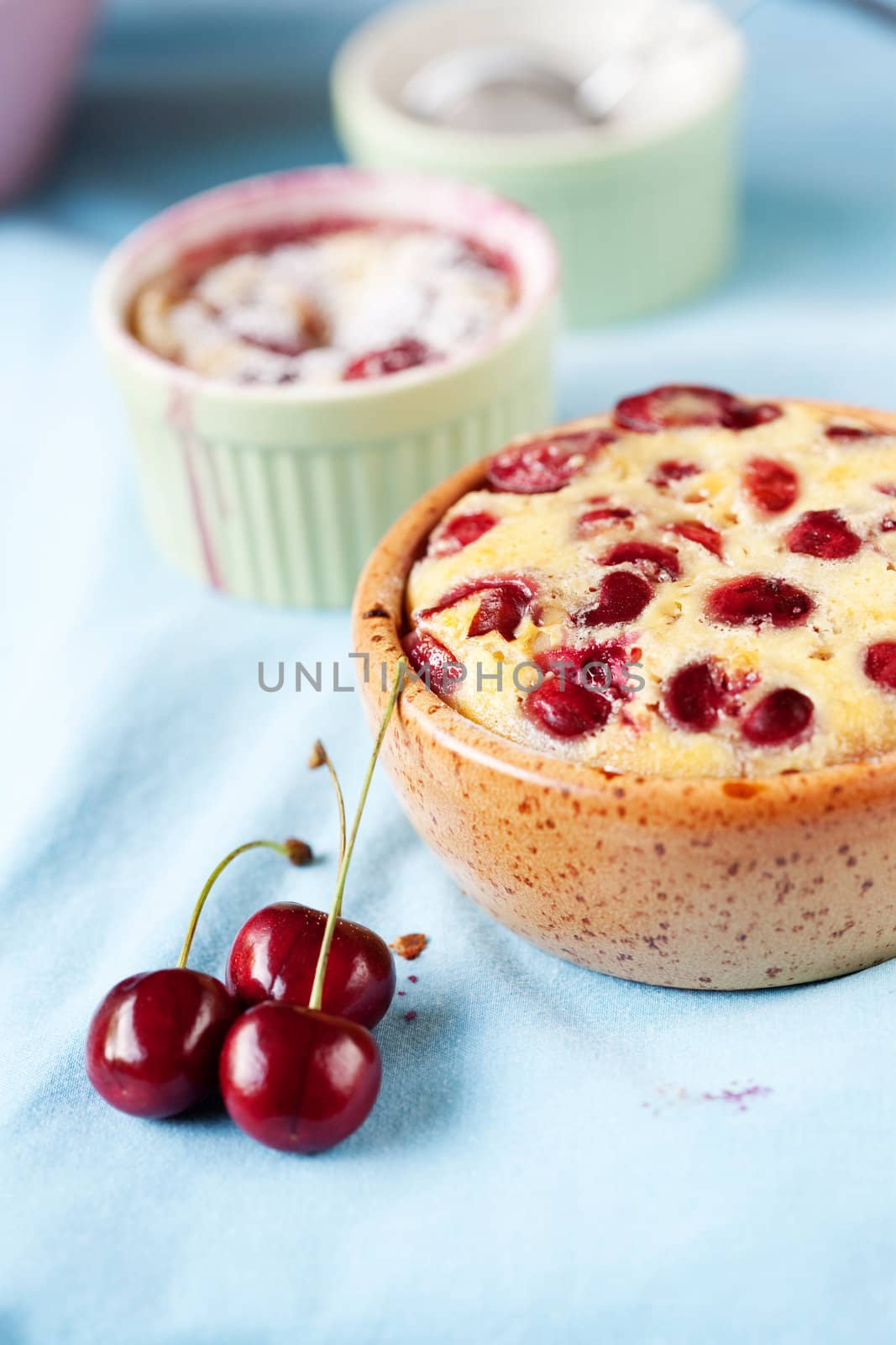Delicious cherry clafoutis freshly baked with cherries