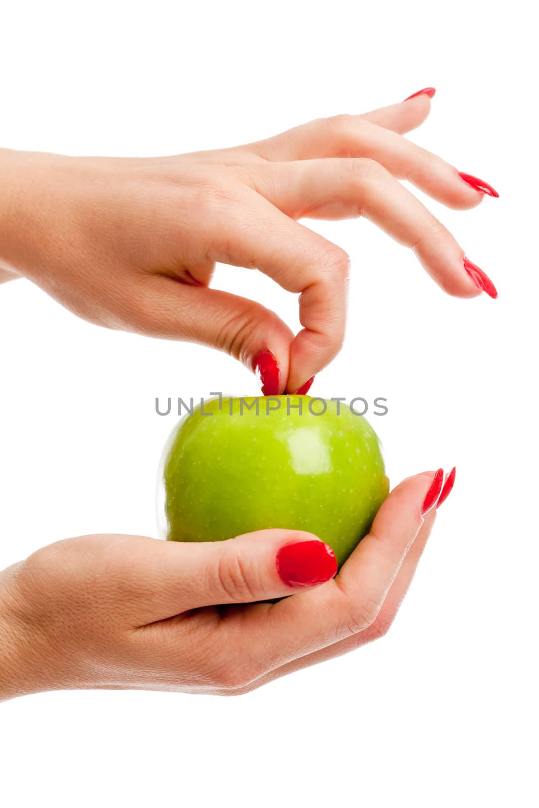 Female hands holding an apple on white background