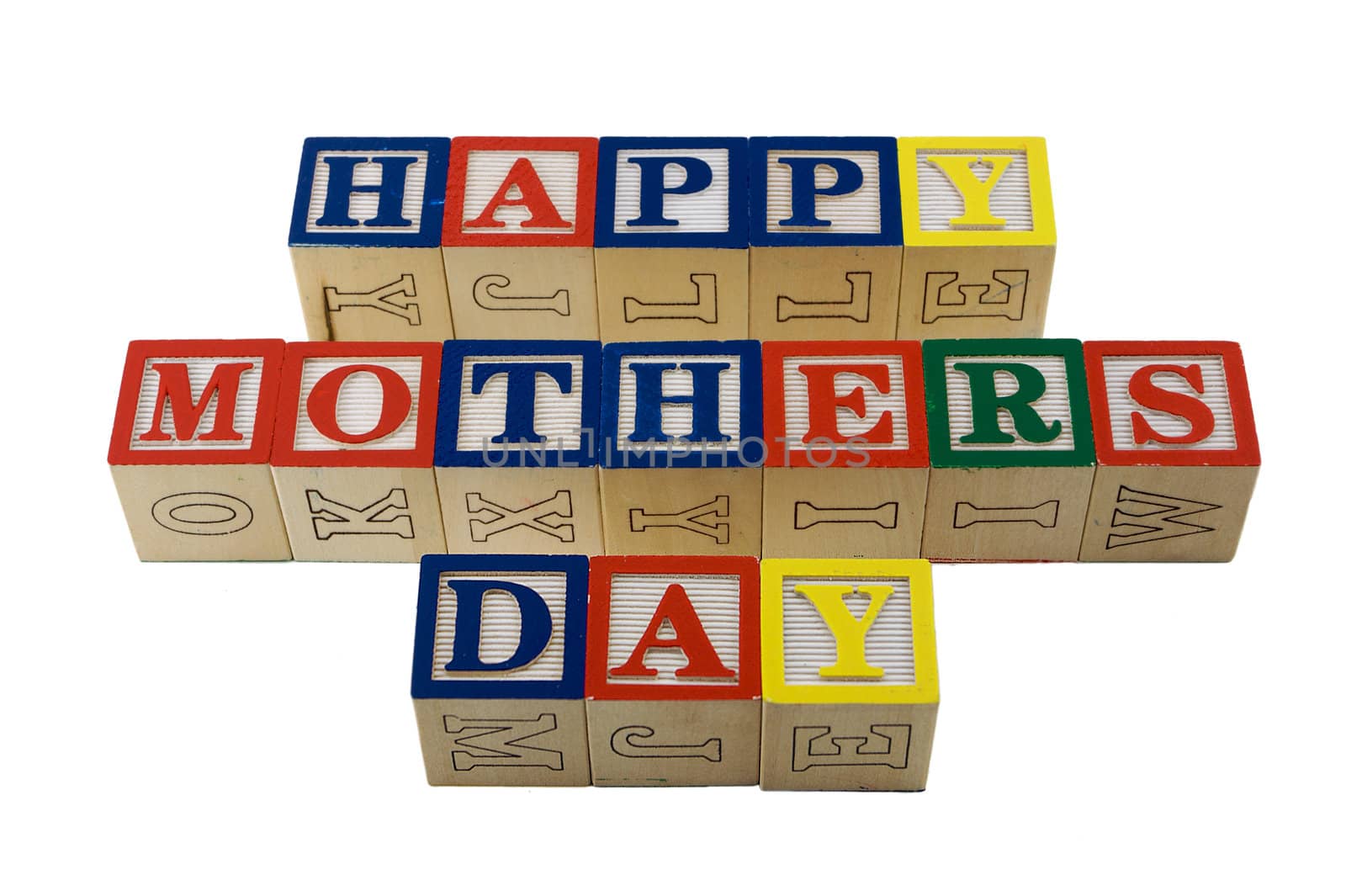 wooden alphabet blocks lined up in a row spelling Mother