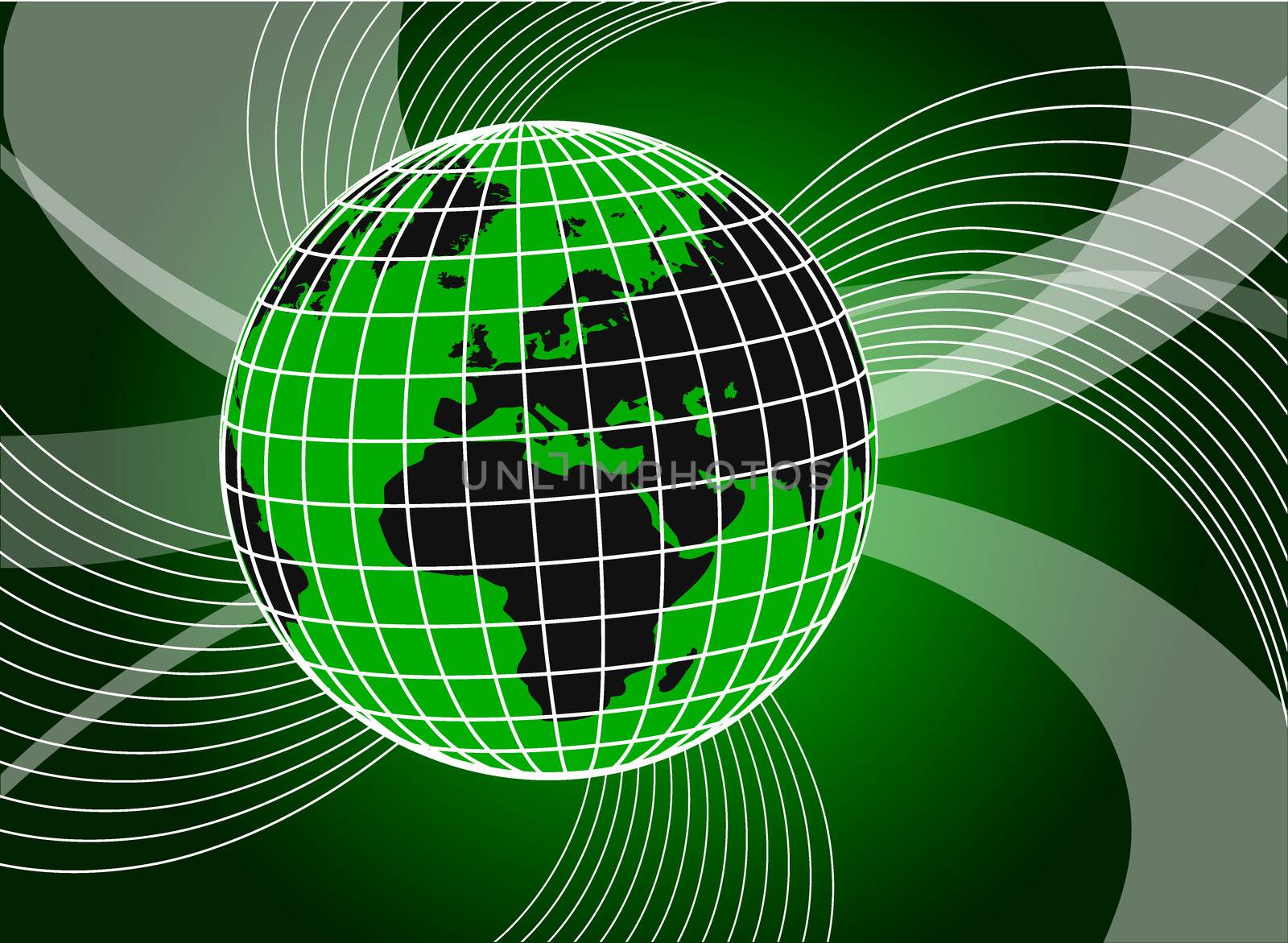 illustration of an abstract green background with swirls and globe
