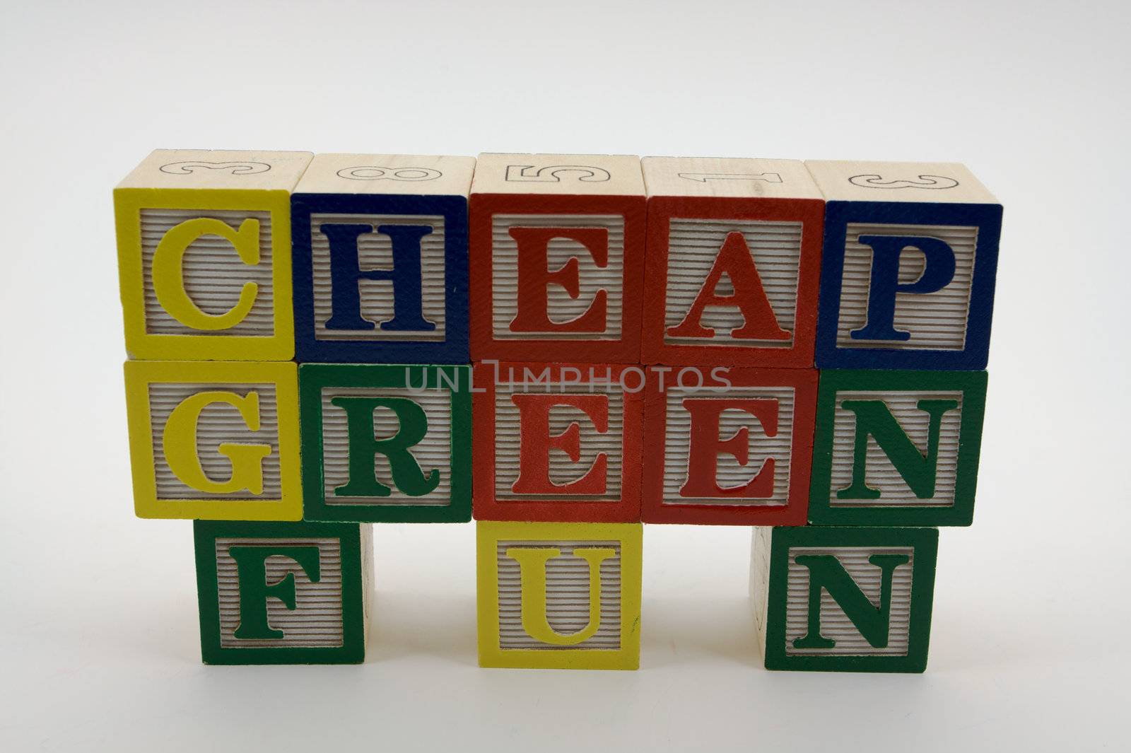 Wooden toy alphabet blocks spell out Cheap Green Fun