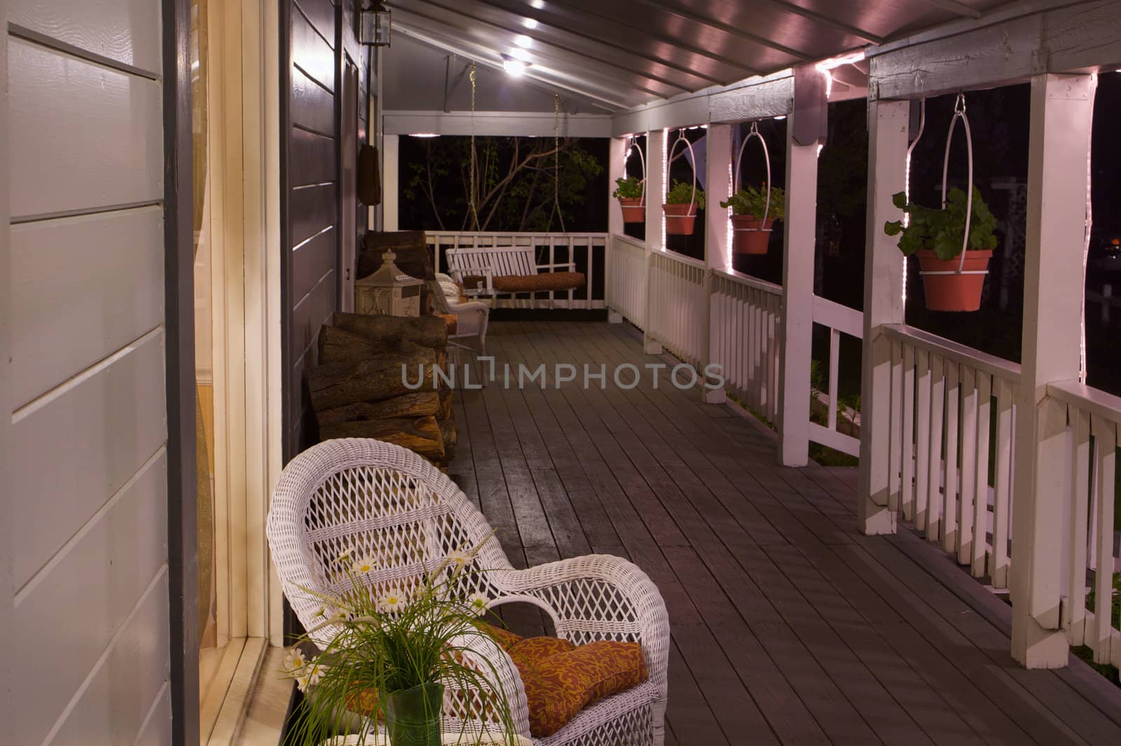 Image of front porch on a country home at night horizontal