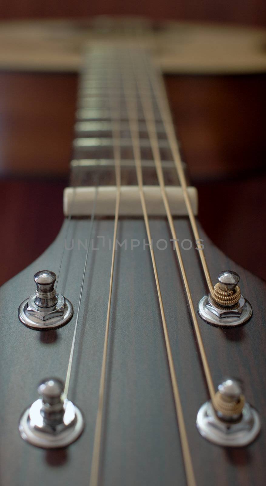 Guitar neck and strings looking from the head towards the body with soft focus