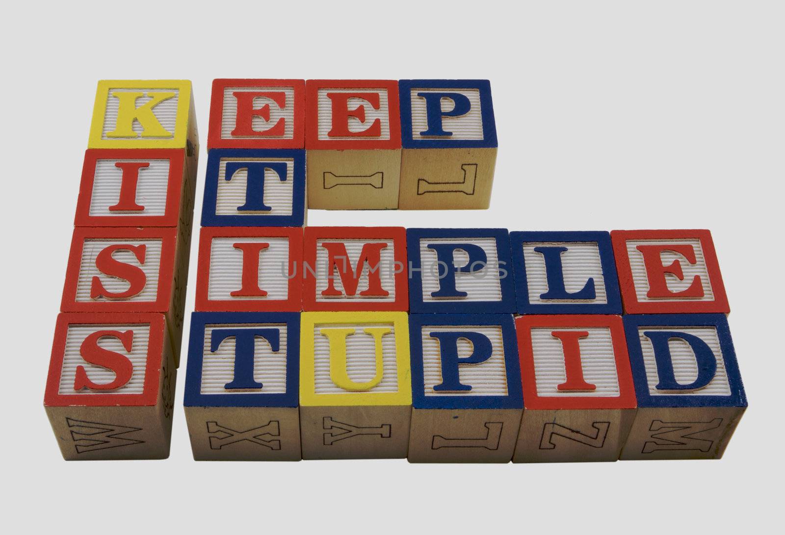 Wood Alphabet blocks spelling KISS Keep it simple stupid
