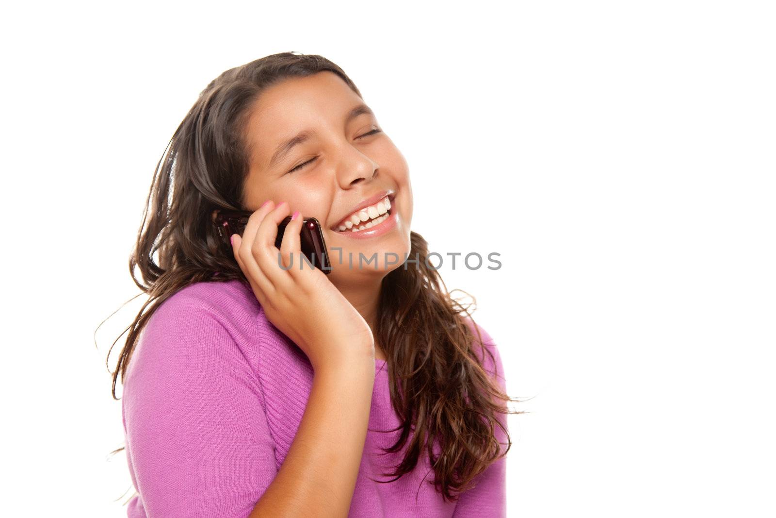 Happy Pretty Hispanic Girl On Cell Phone Isolated on a White Background.