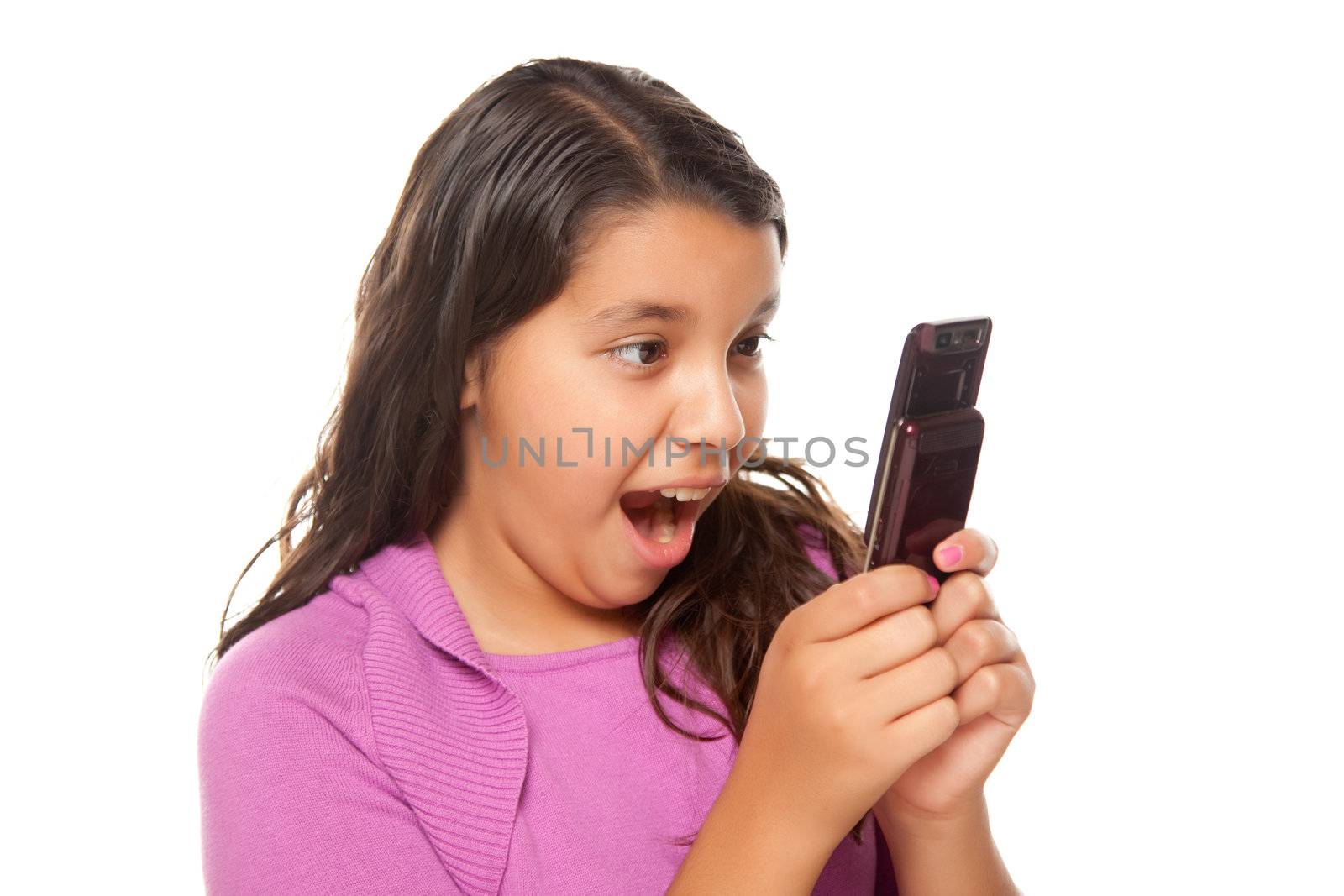 Shocked Pretty Hispanic Girl On Cell Phone Isolated on a White Background.