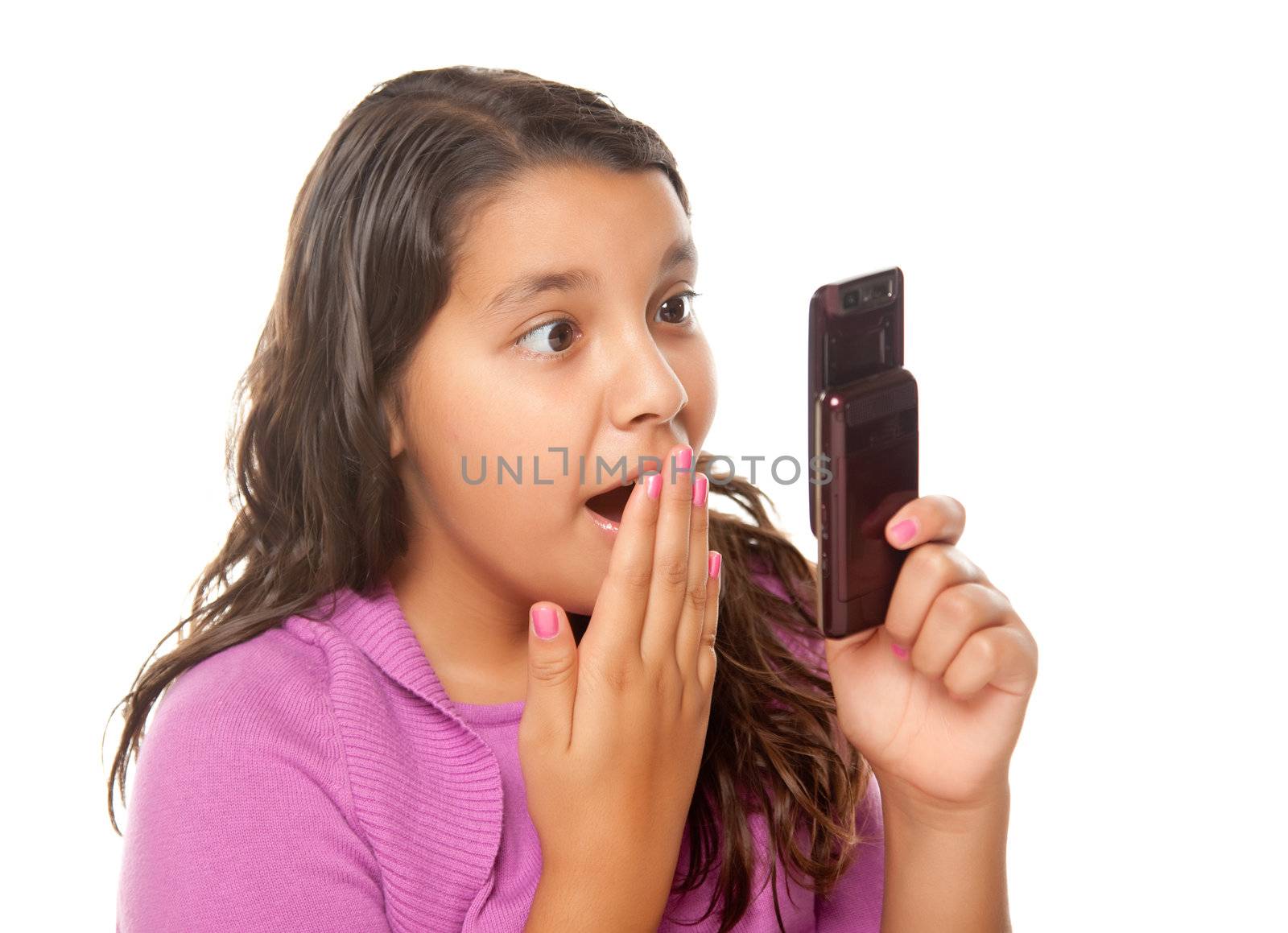 Shocked Pretty Hispanic Girl On Cell Phone Isolated on a White Background.