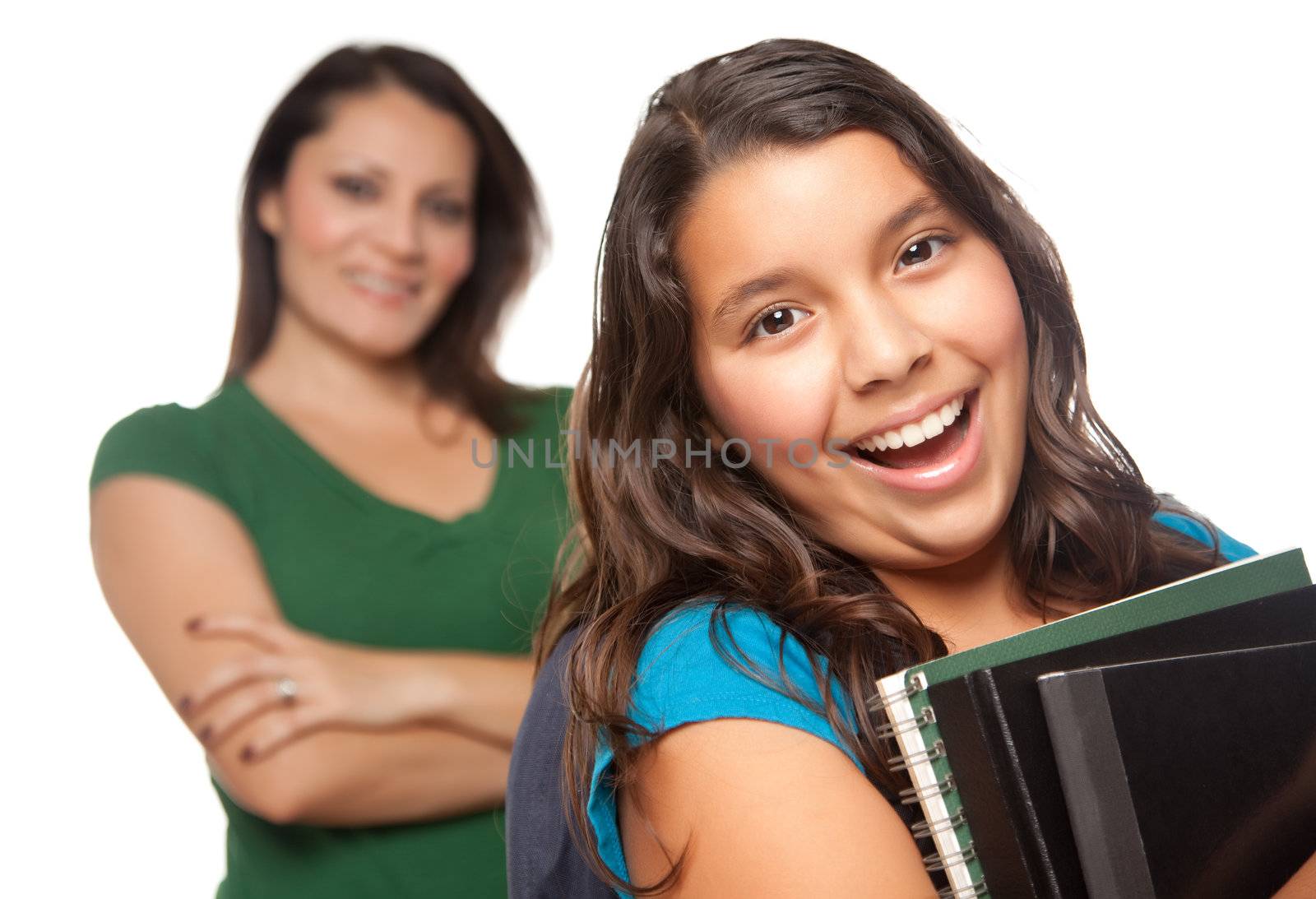 Proud Hispanic Mother and Daughter Ready for School by Feverpitched