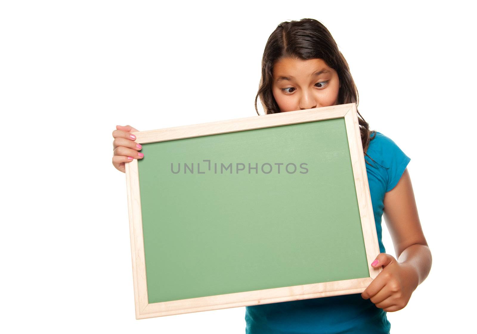 Pretty Crosseyed Hispanic Girl Holding Blank Chalkboard Isolated on a White Background.