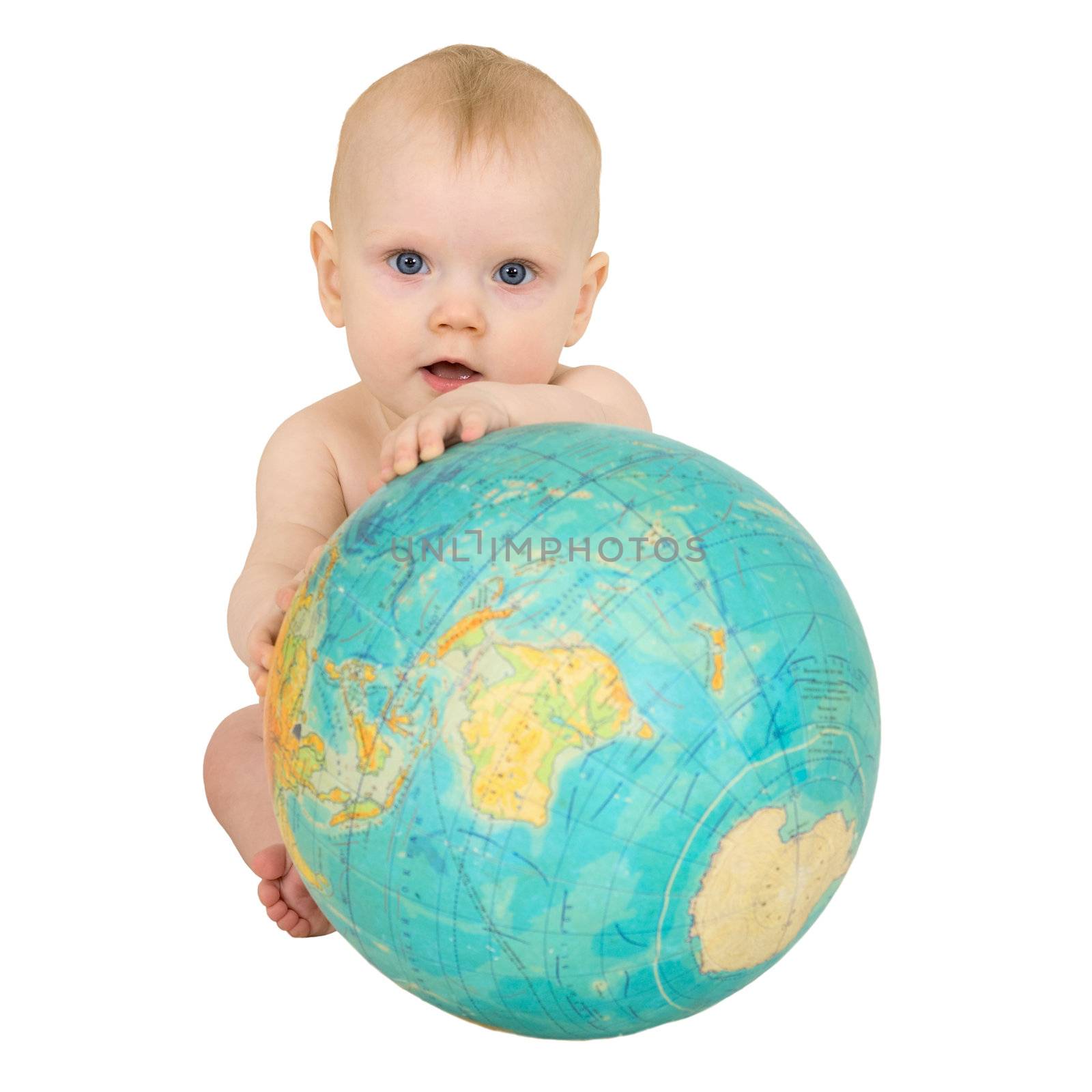 Baby with the geographical globe isolated on a white background