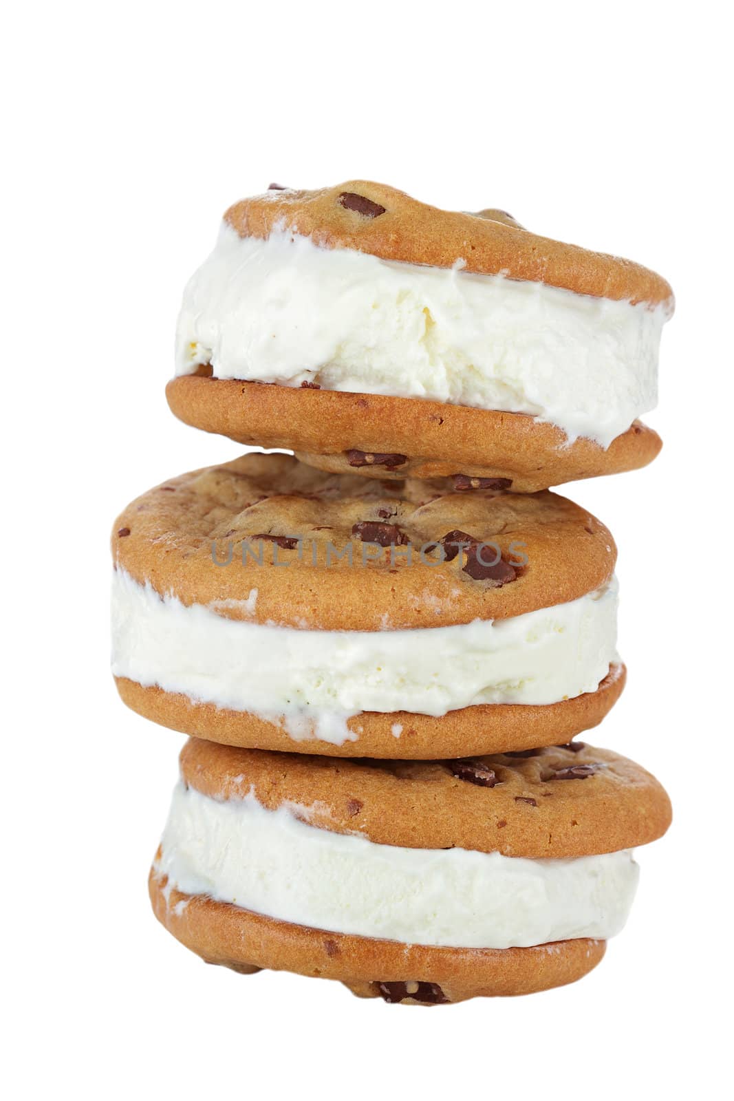 Chocolate Chip Cookie Ice Cream Sandwich isolated on white background.
