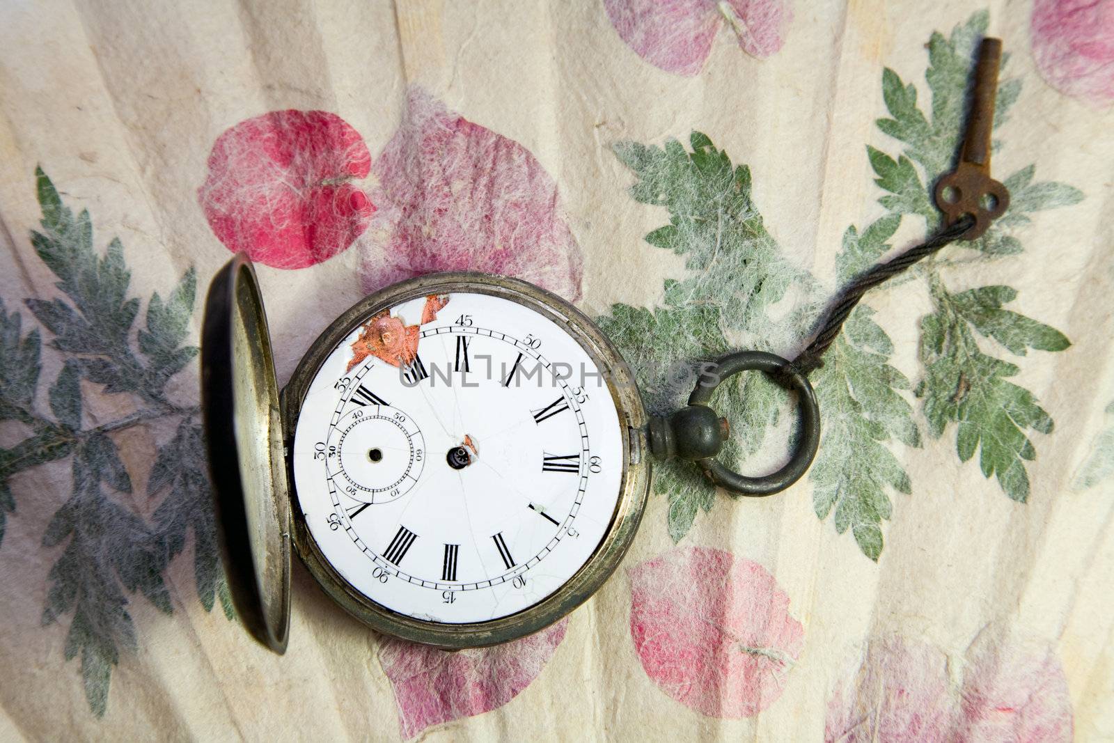 old pocket watch on handmade paper with leaves