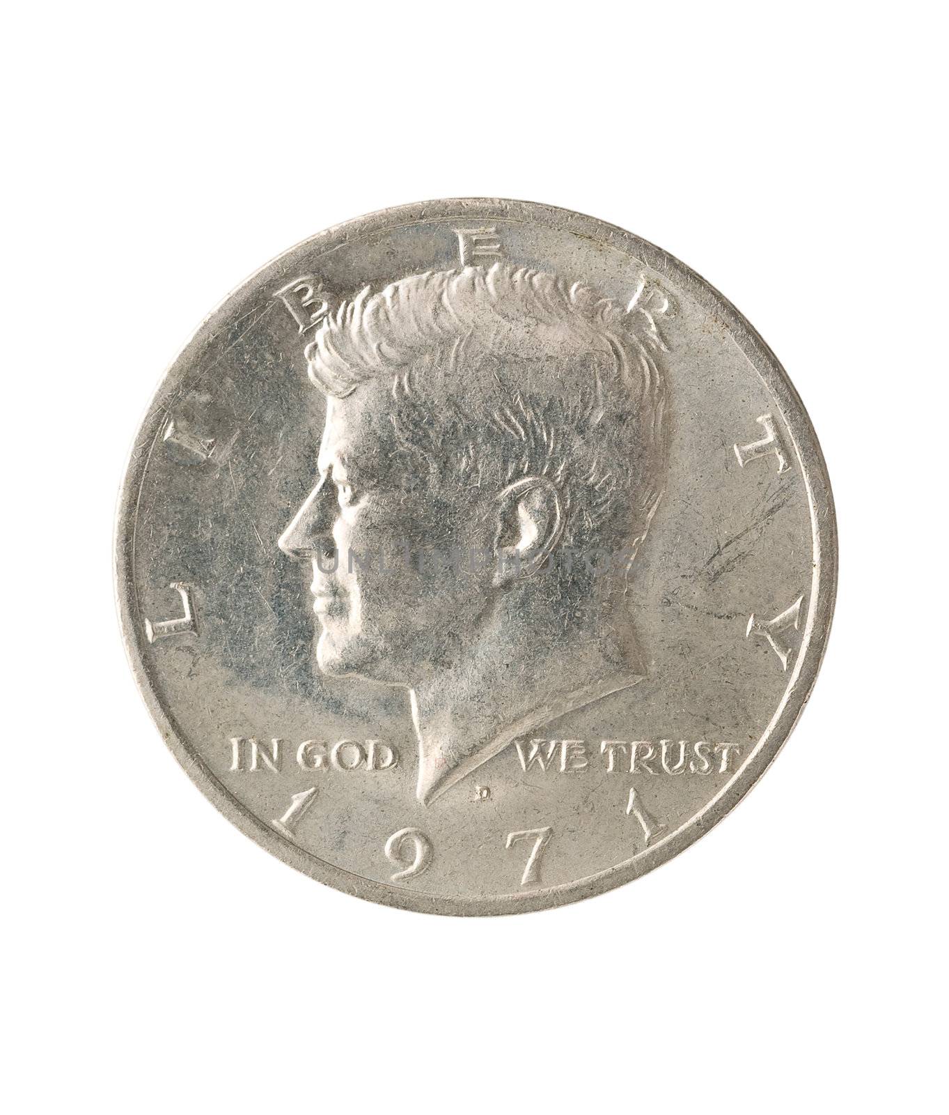 Half dollar, white background, clipping path, jfk portrait.