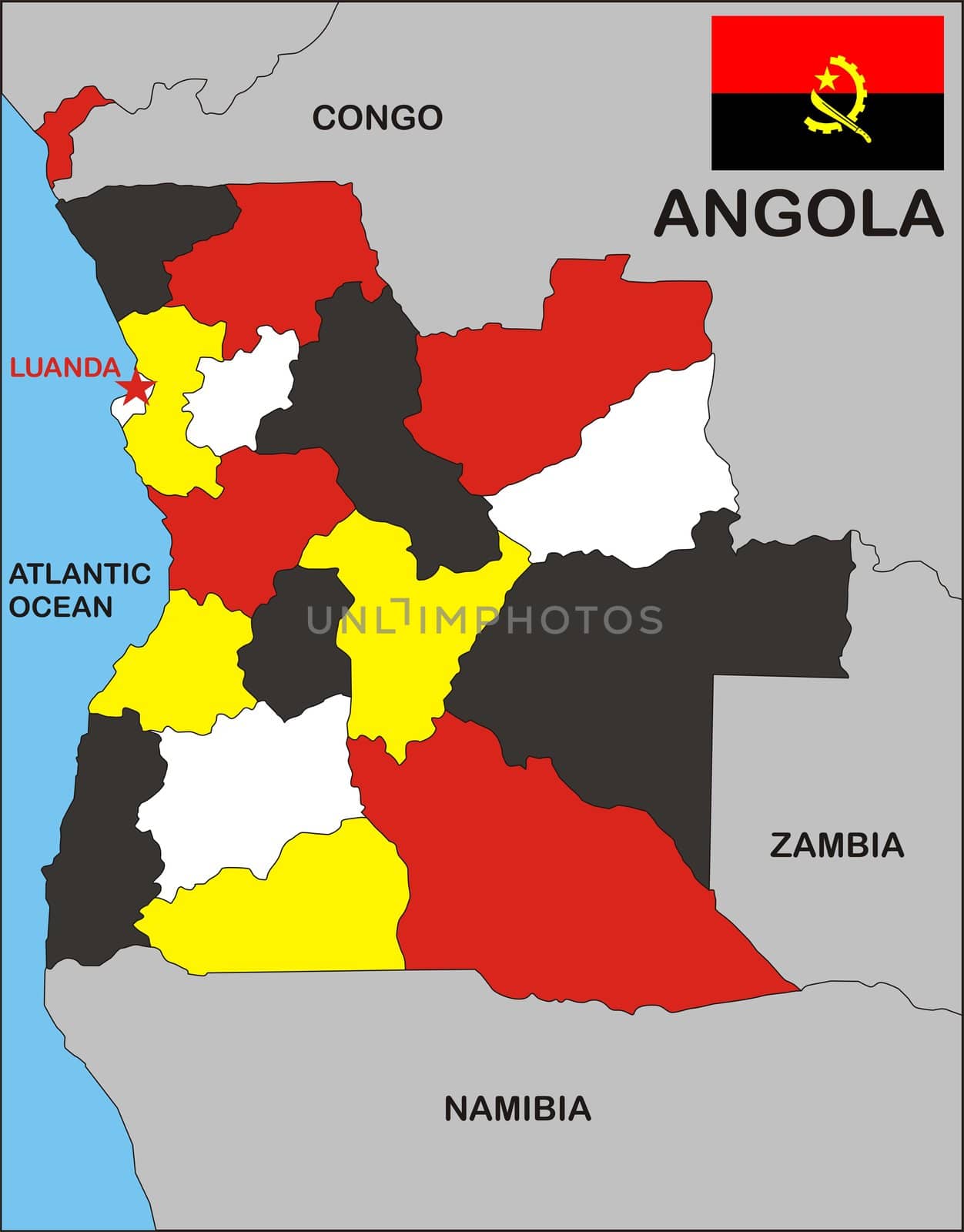 political map of Angola country with flag

