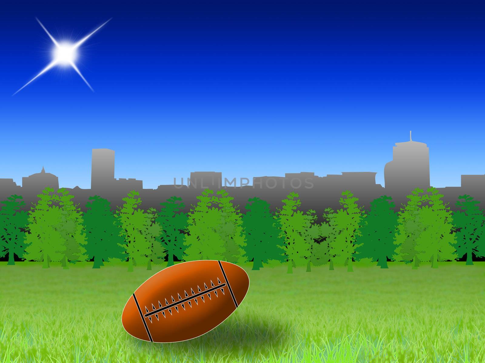 Illustration ball from American football on the lawn of a park
