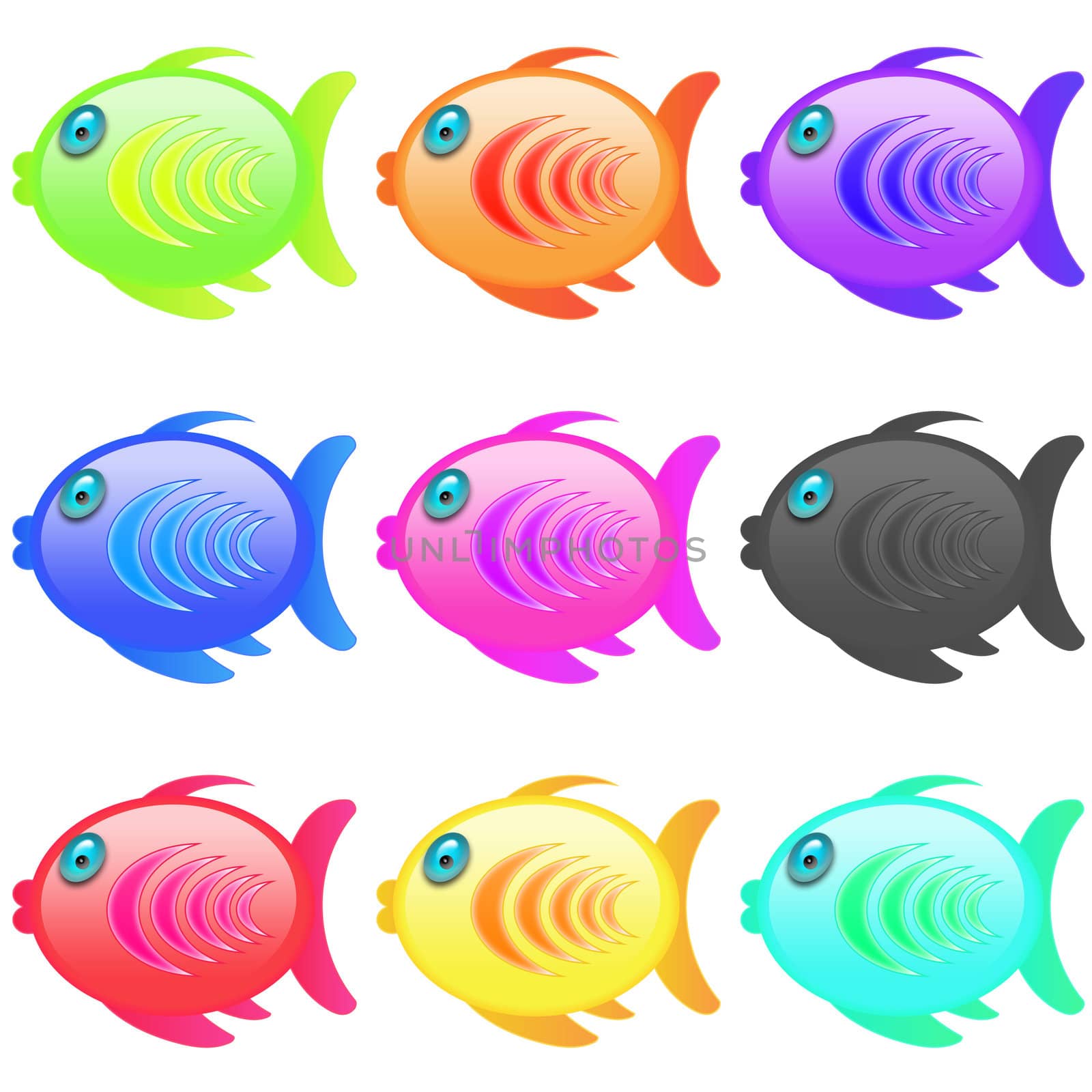 series of multicolor cartoon style icon fish
