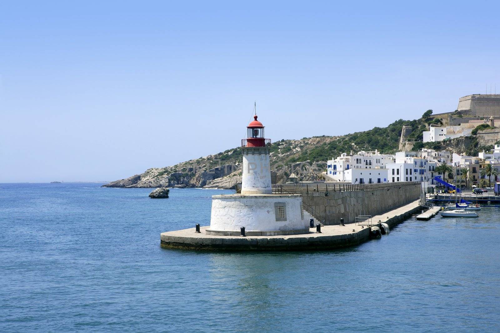 Ibiza landmark island in Mediterranean sea, blue harbor view