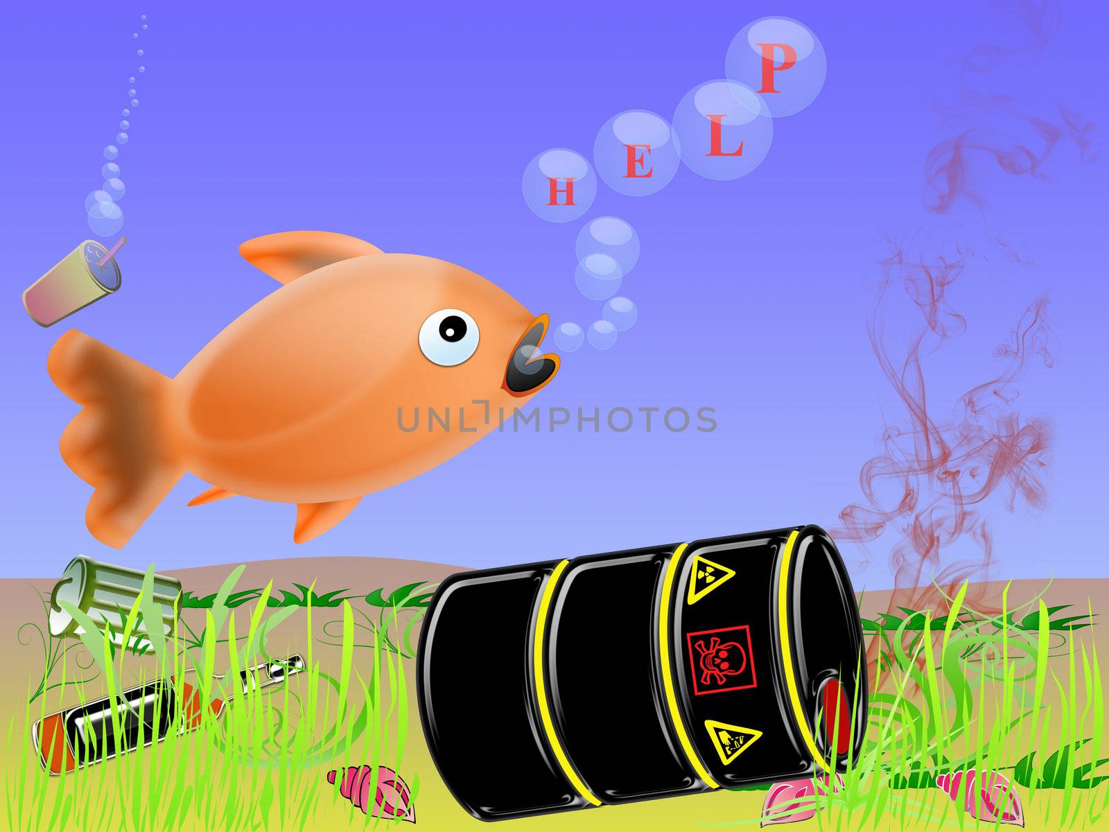 concept of danger, pollution of the sea. fish asks for help
