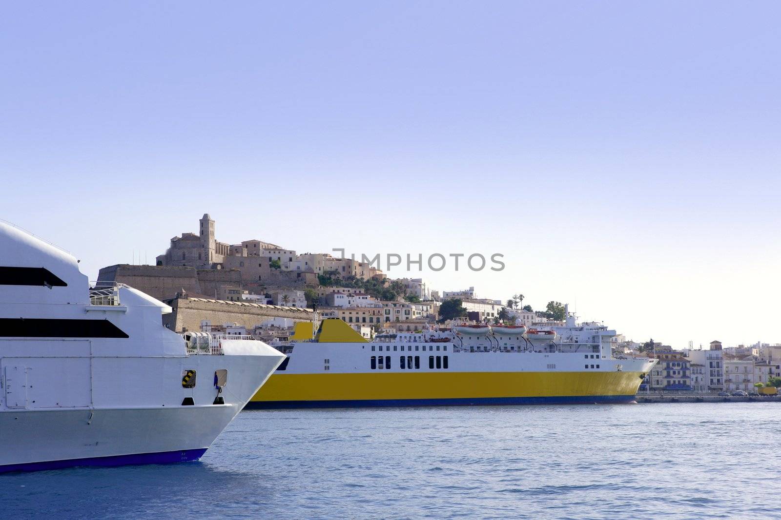 Ibiza landmark island in Mediterranean sea, blue harbor view