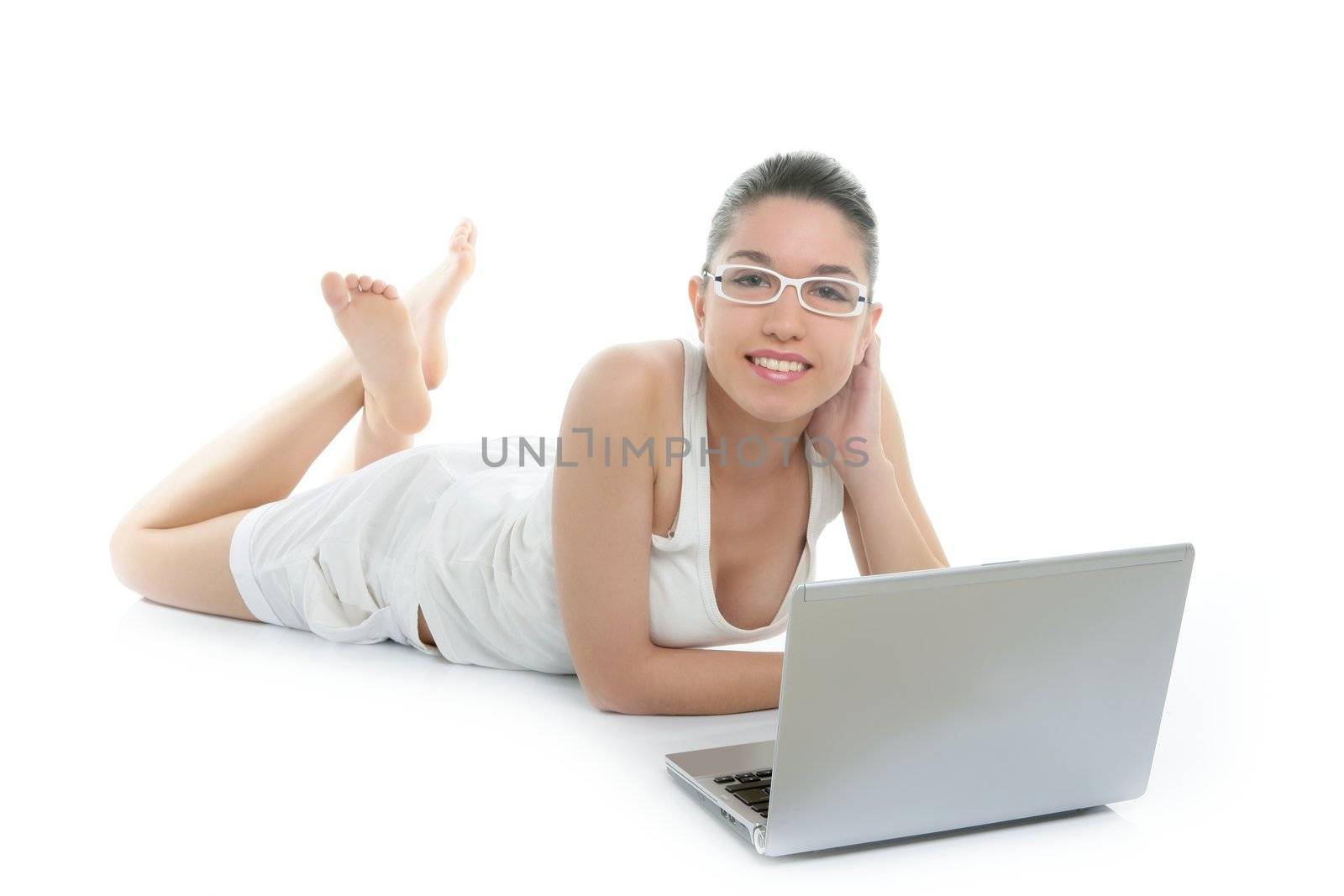 Beautiful woman working laptop on white by lunamarina