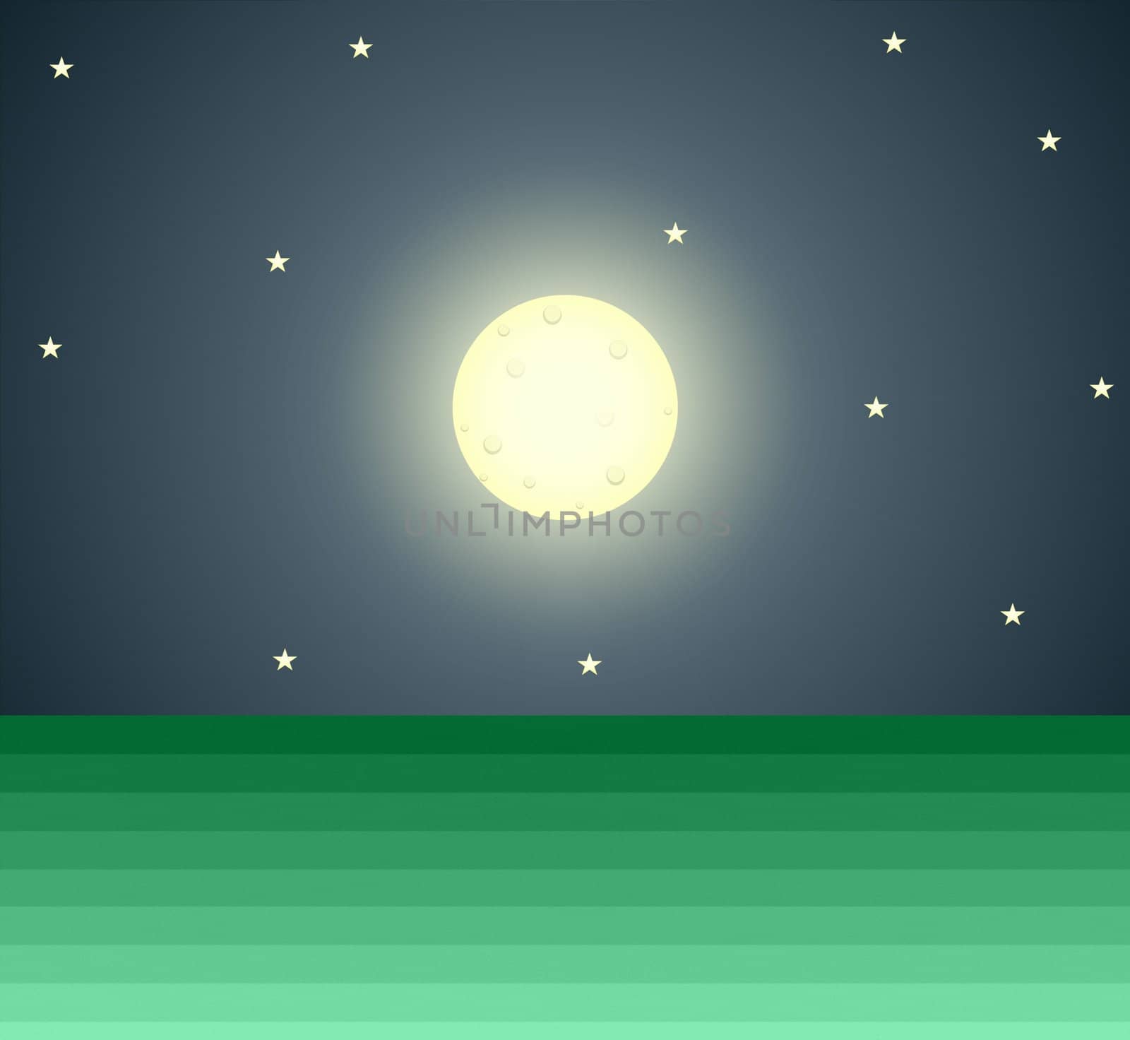 Illustration of sky and ground with full moon and stars