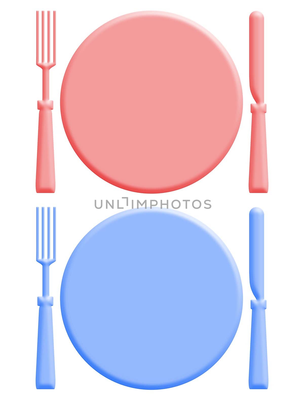 Illustration of two plates, knives and forks. One colored pink and one colored blue