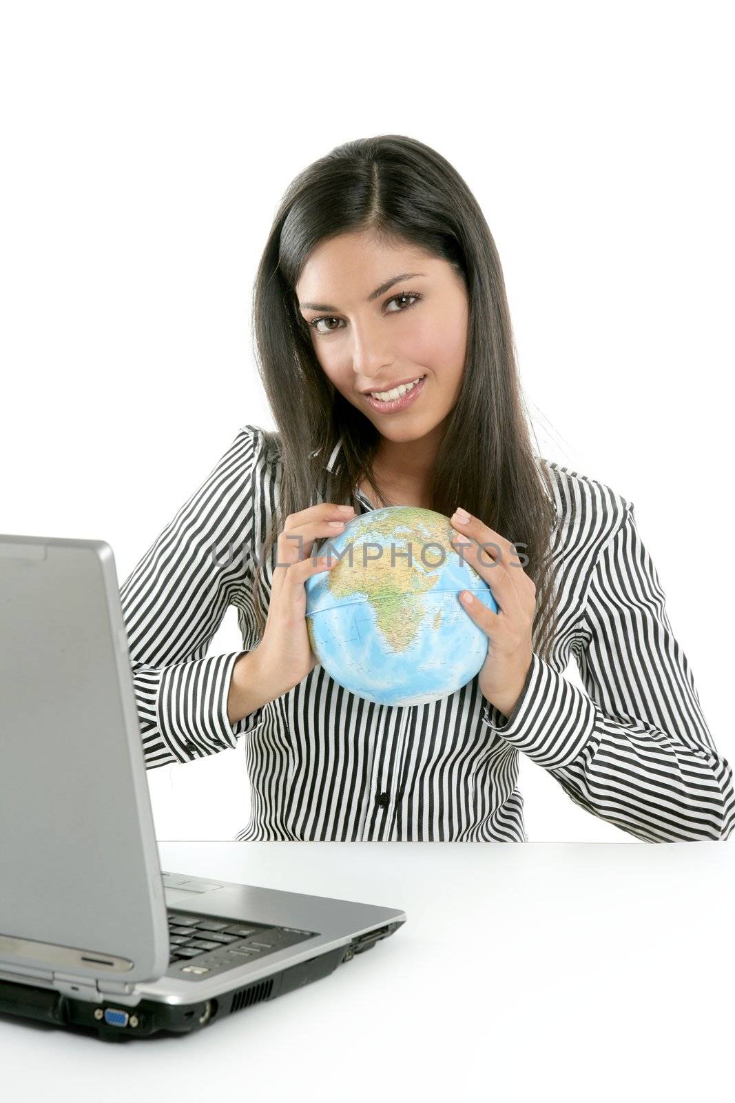 Brunette businesswoman with global map in her hands, communication metaphor