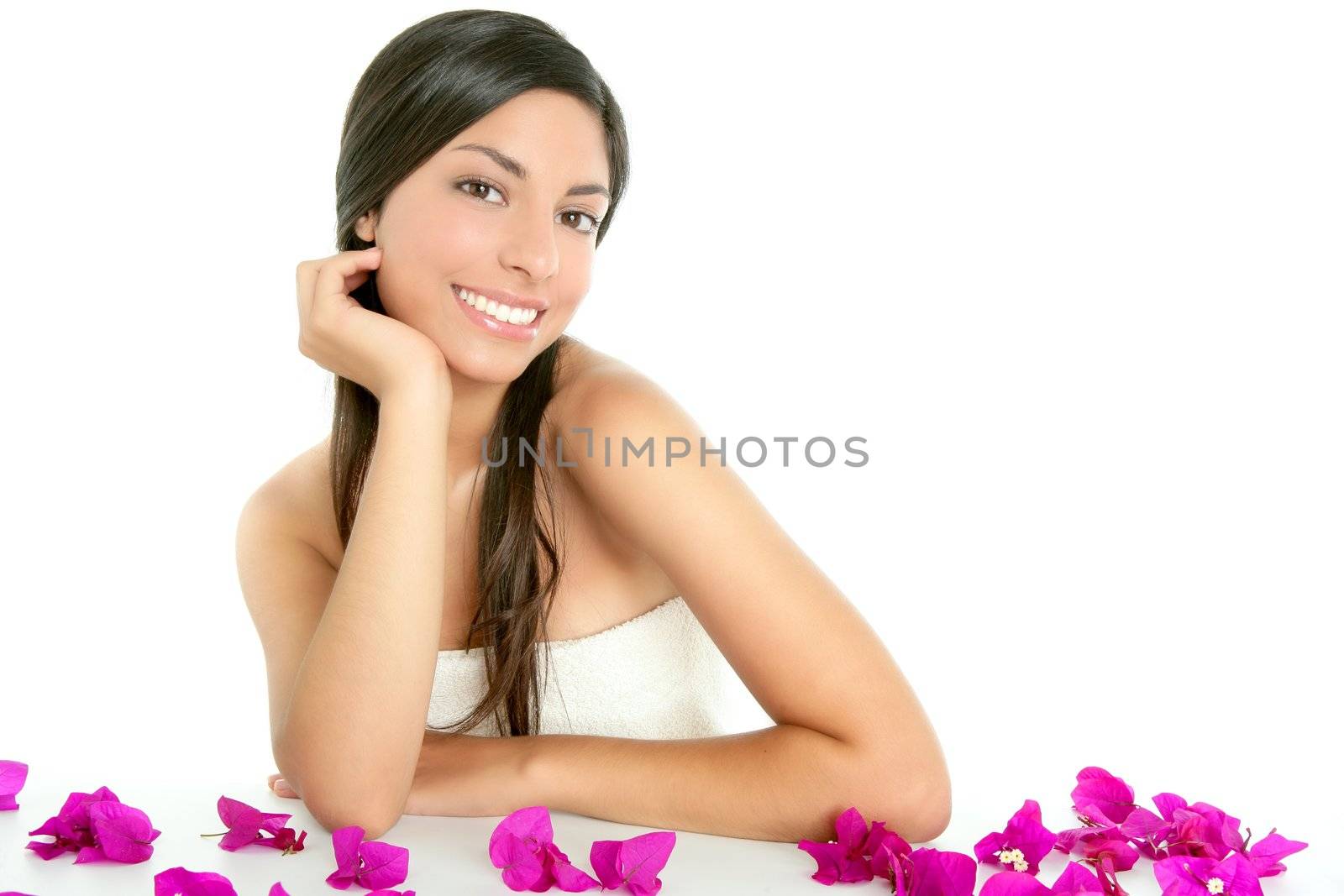 Beautiful indian woman portrait with boungainvilleas flowers over white