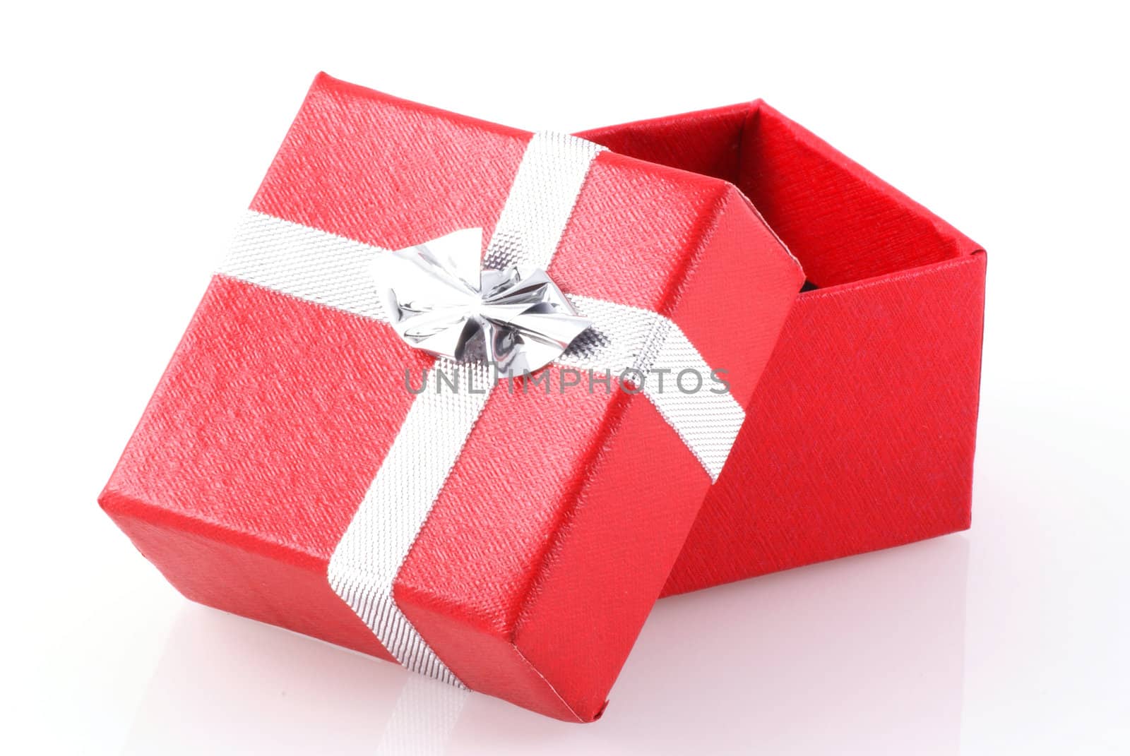 Red gift box with silver ribbon isolated on white.