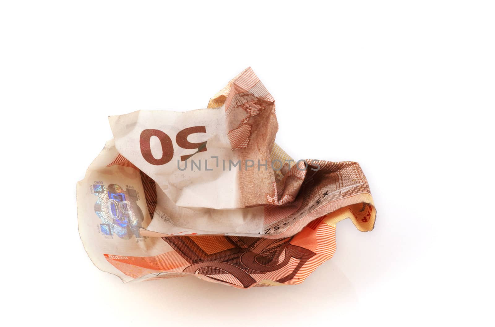 Wrinkled 50 euro note isolated on a white background.