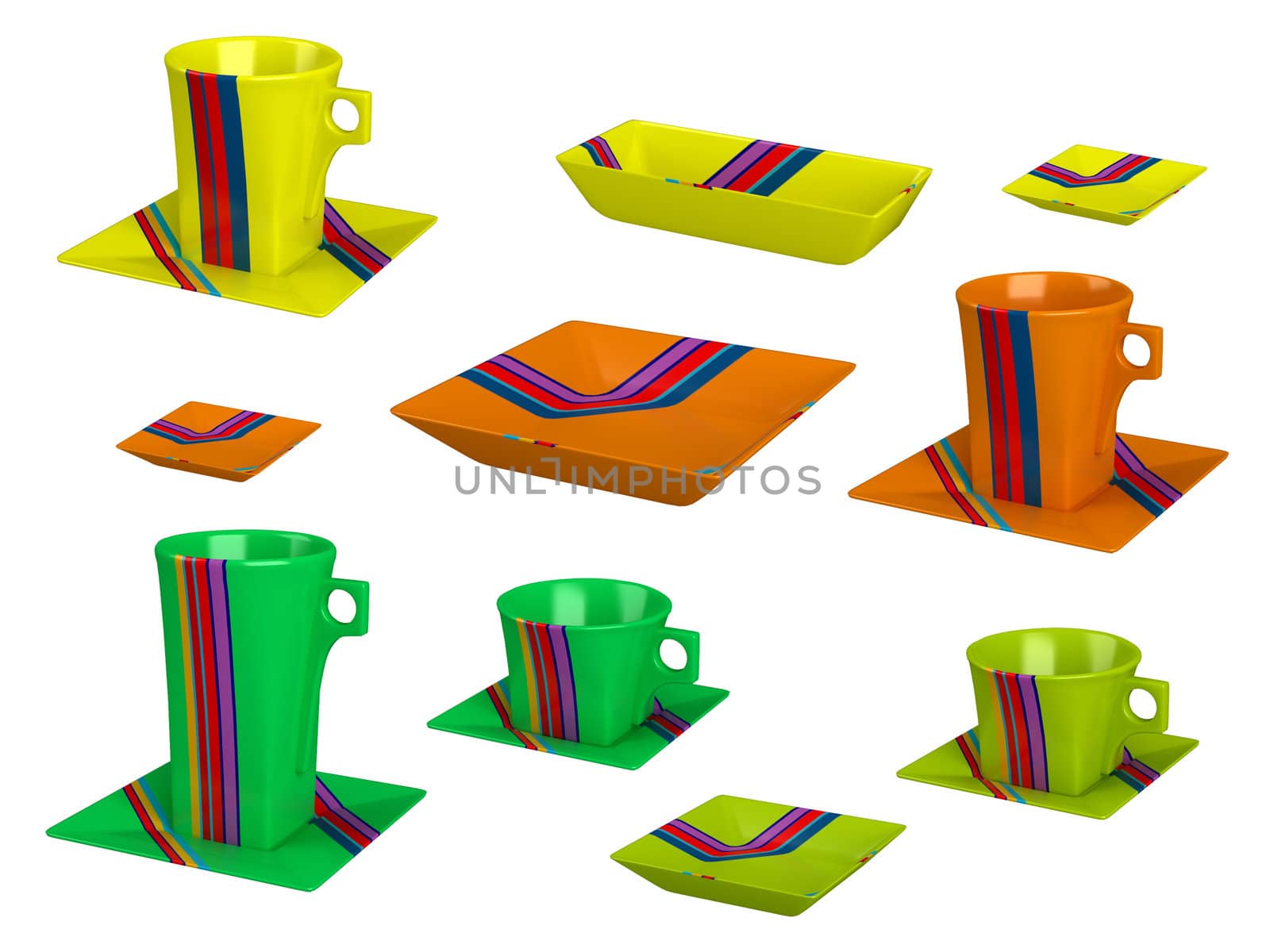Cups and dishes isolated on white background