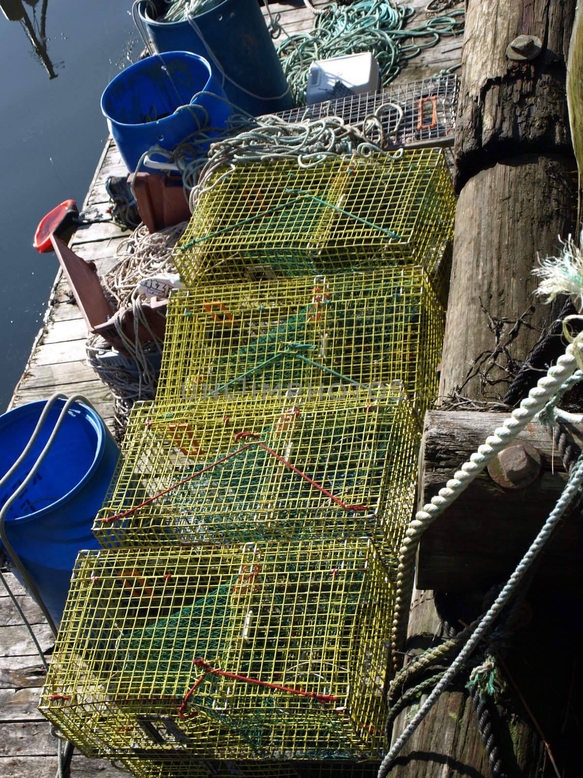 lobster traps along the dock in Portland, Maine during the summer
