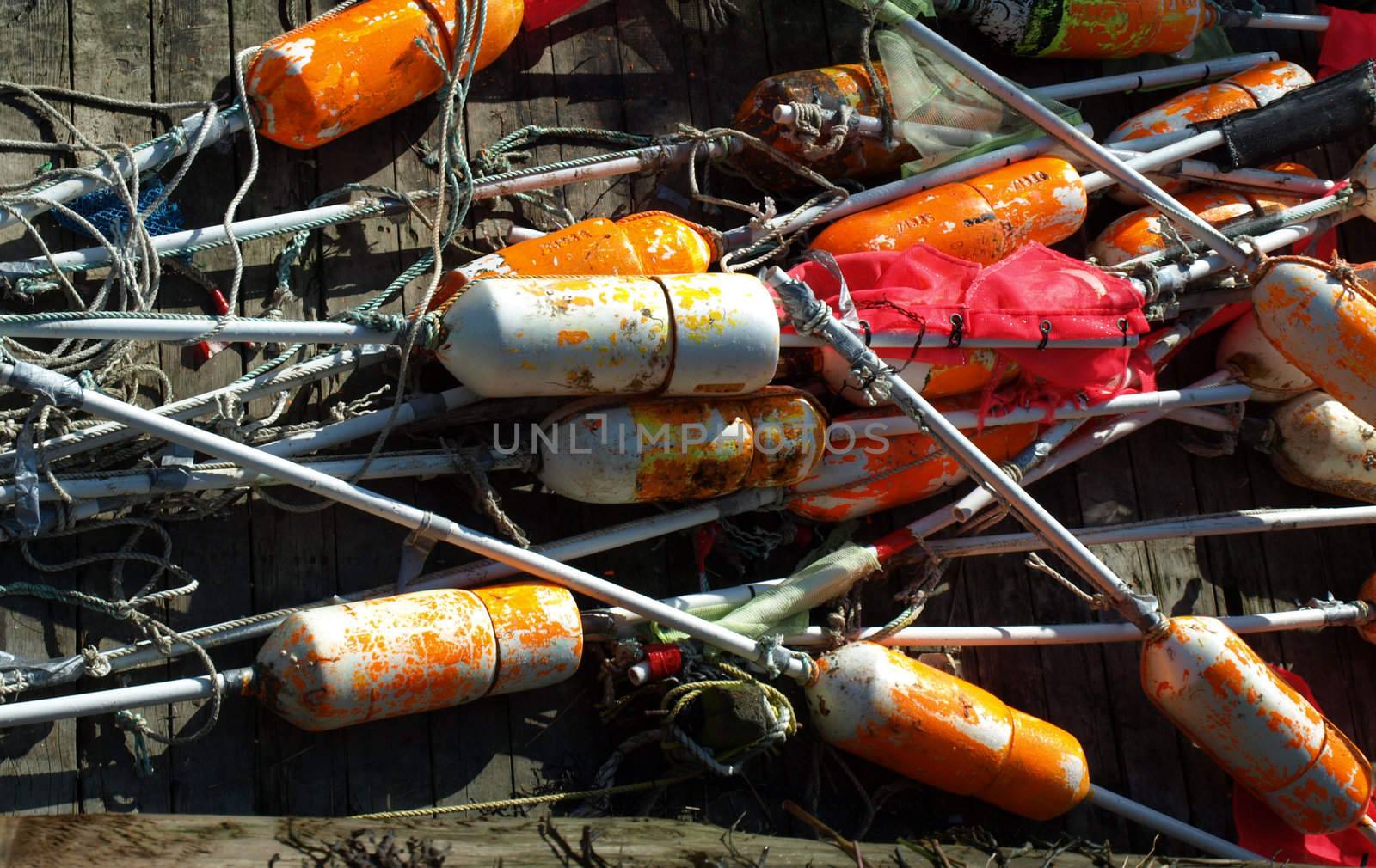 lobster bouys along the dock in Portland, Maine during the summer