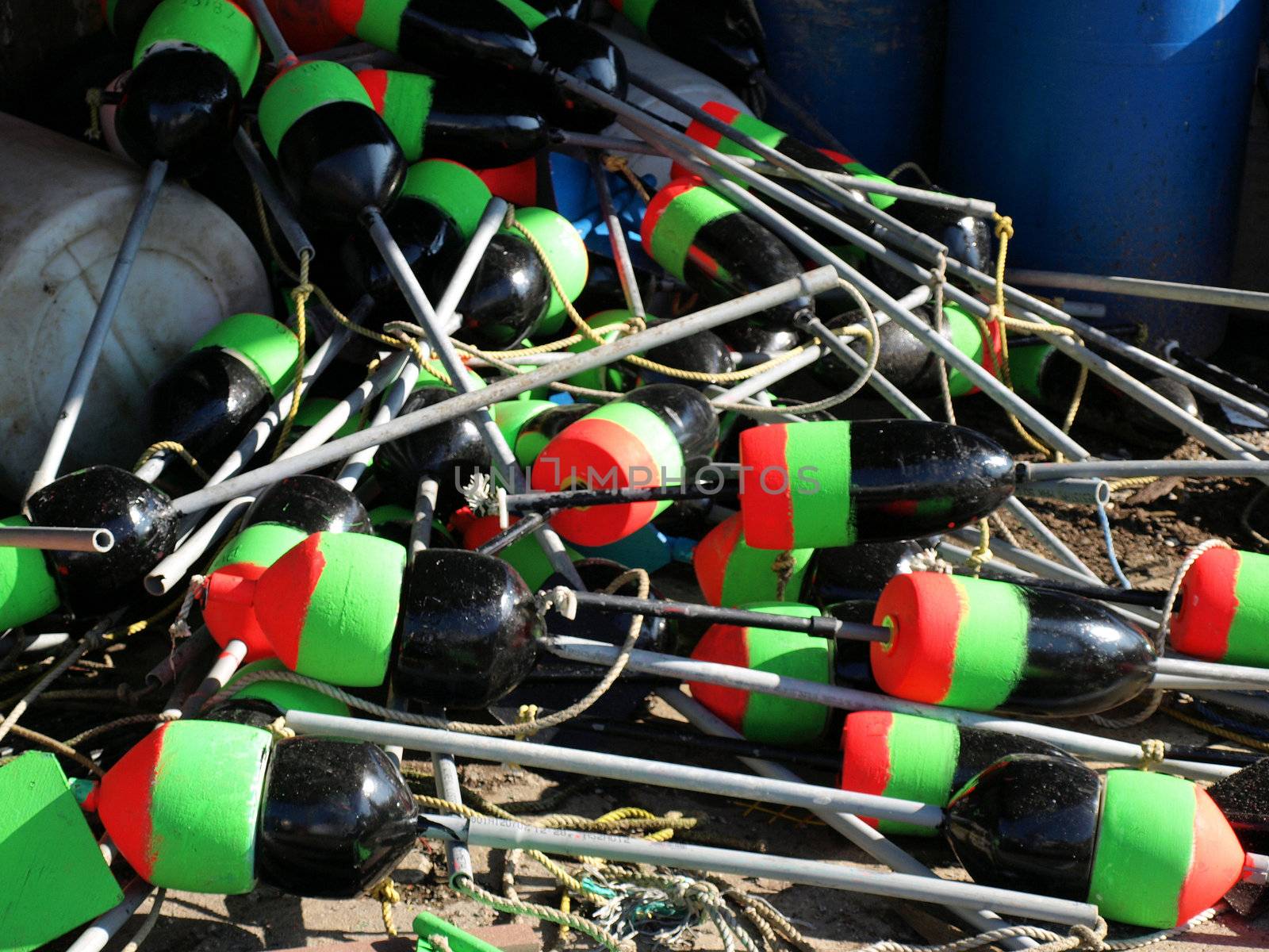 Lobster trap markers along the dock in Portland, Maine during the summer