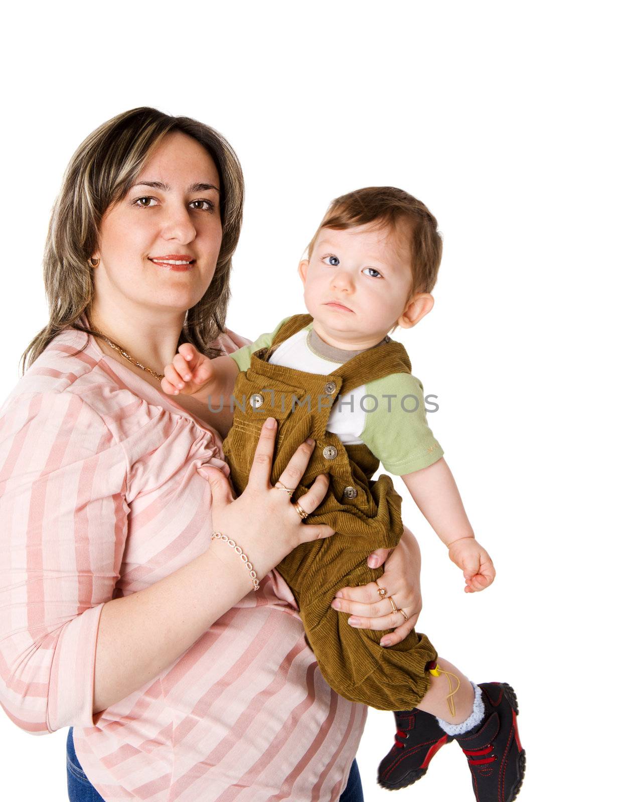 Mother with son posing together isolated on white