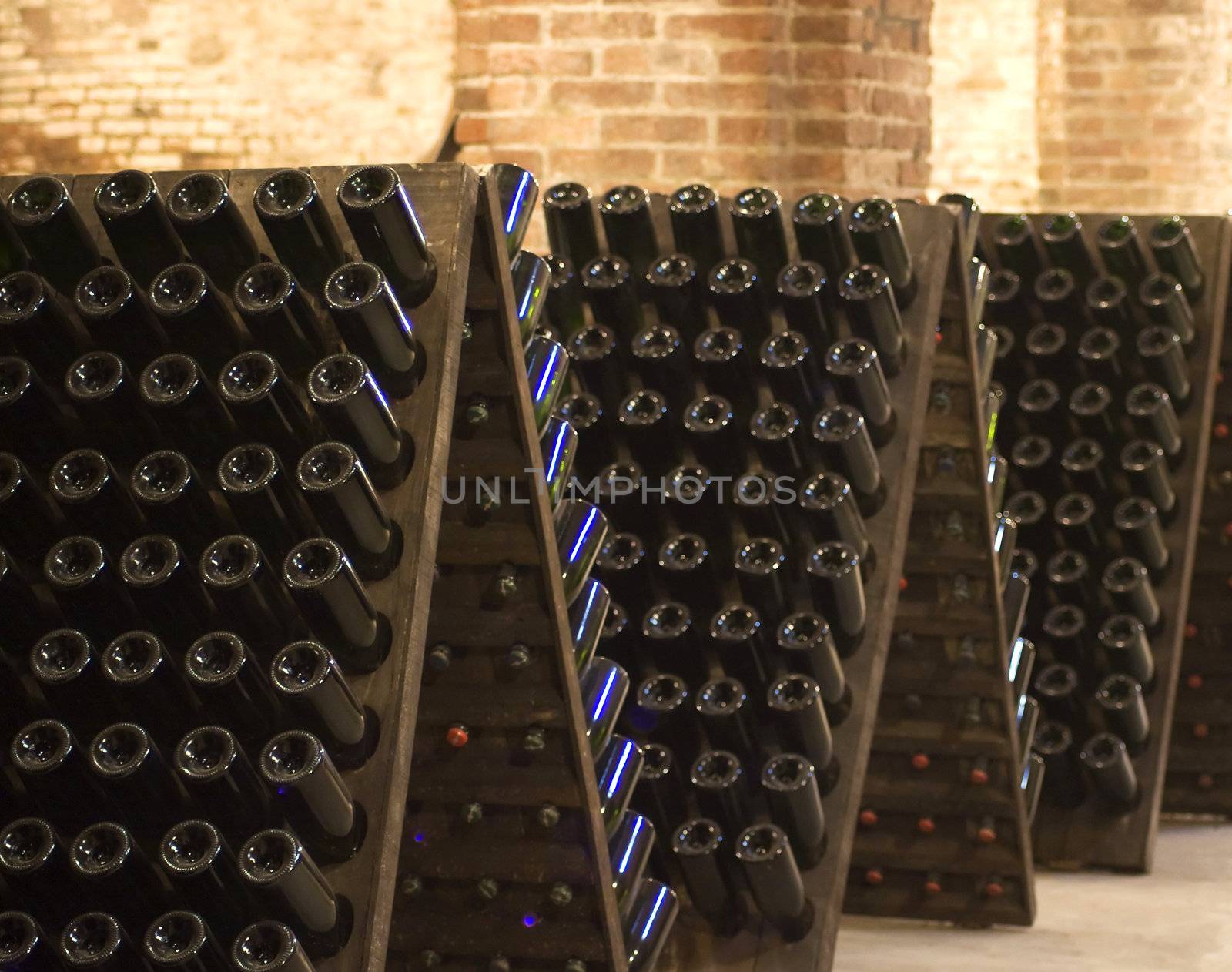 Closeup of bottles of wine aging in an old cellar